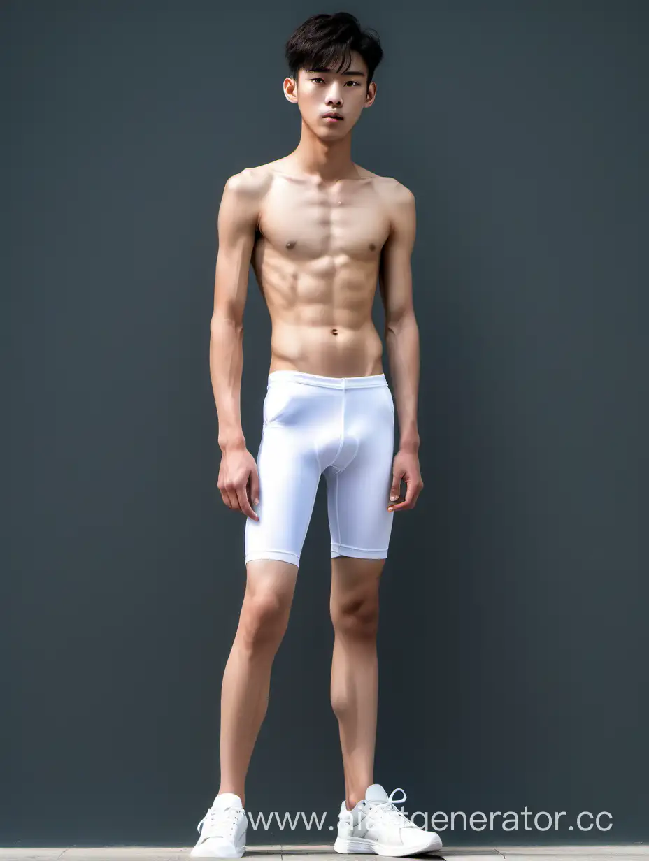 Handsome, slim, bare-chested, 16-year-old Chinese boy in tight-fitting white cycling shorts, and sneakers.