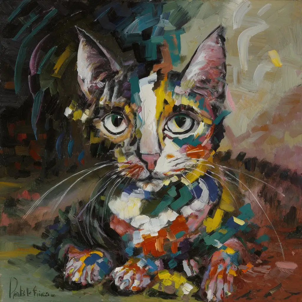 Oil painting of a distorted cat by Pablo Picasso