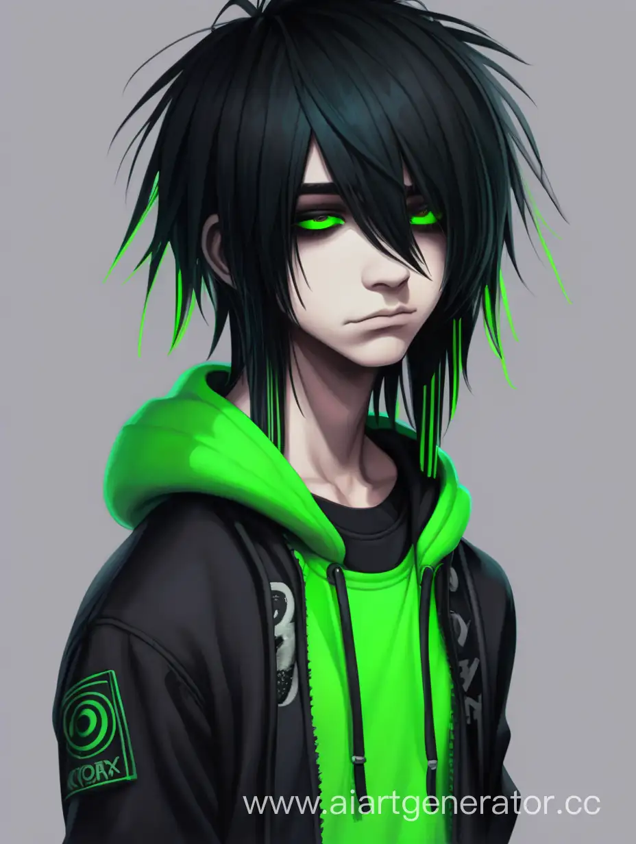 персонаж, парень, эмо, черная стрижка эмо, зеленая неоновая челка, черная одежда