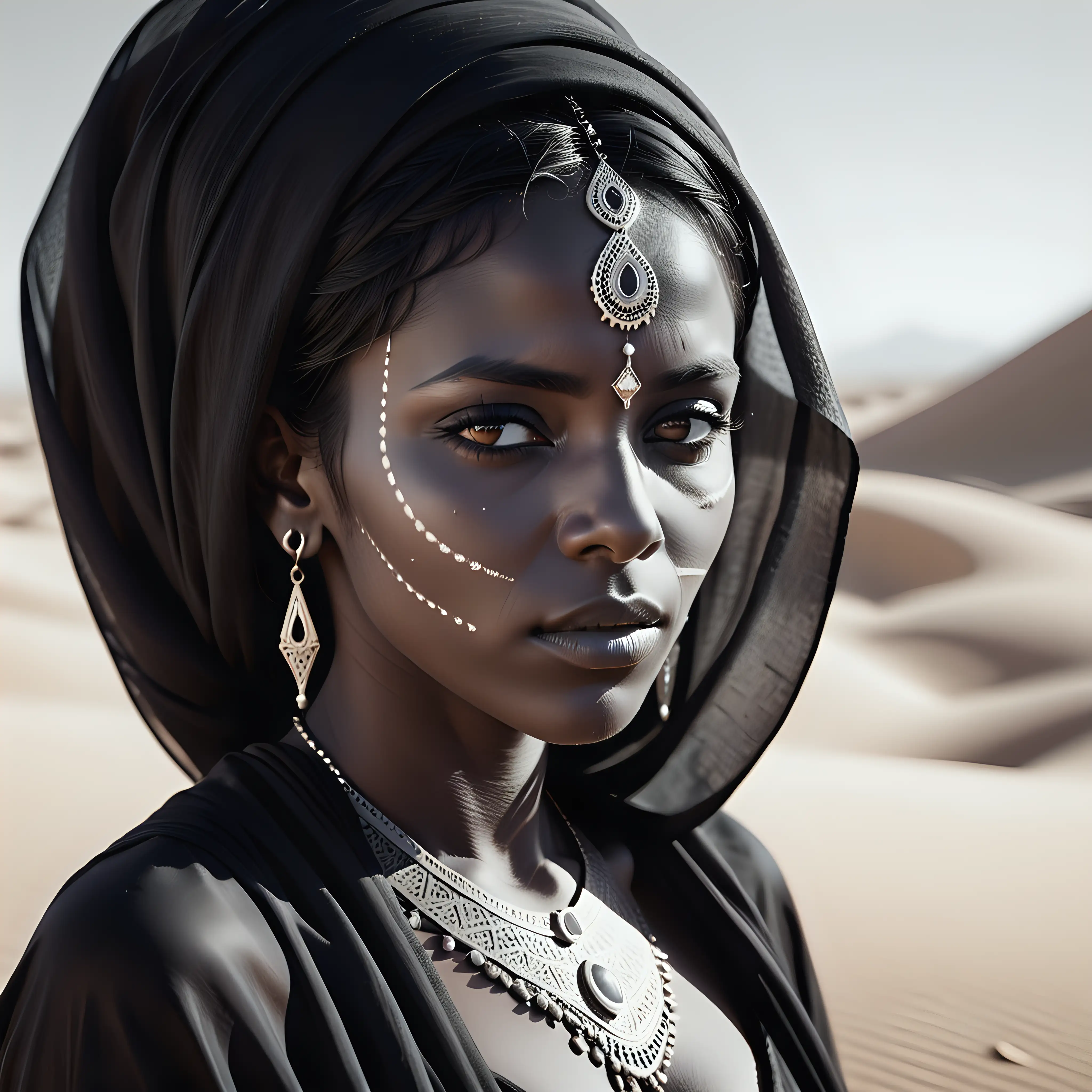 a beduin woman in a desert with black skin :: in the style of gothic black and white, award-winning photography, mysterious elegance, intricate details :: shot on fuji film, cinematic --ar 9:16 --v 5.2 --style raw