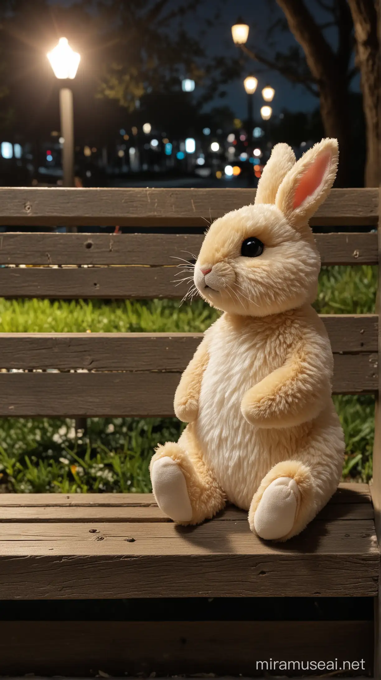 Conejito de peluche pequeño sentado en un banco del parque de noche