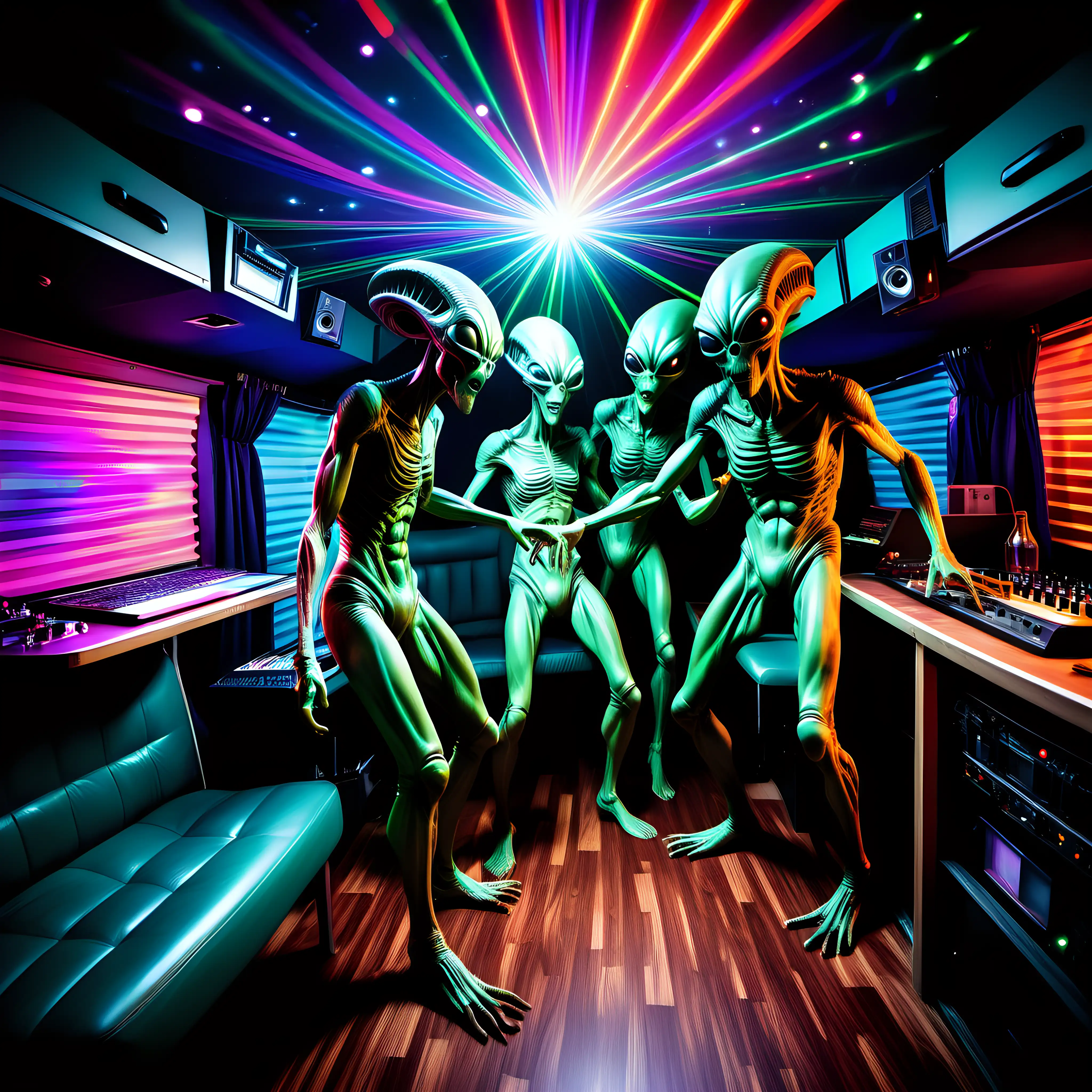 Colorful Alien Dance Party in a Mobile Recording Studio