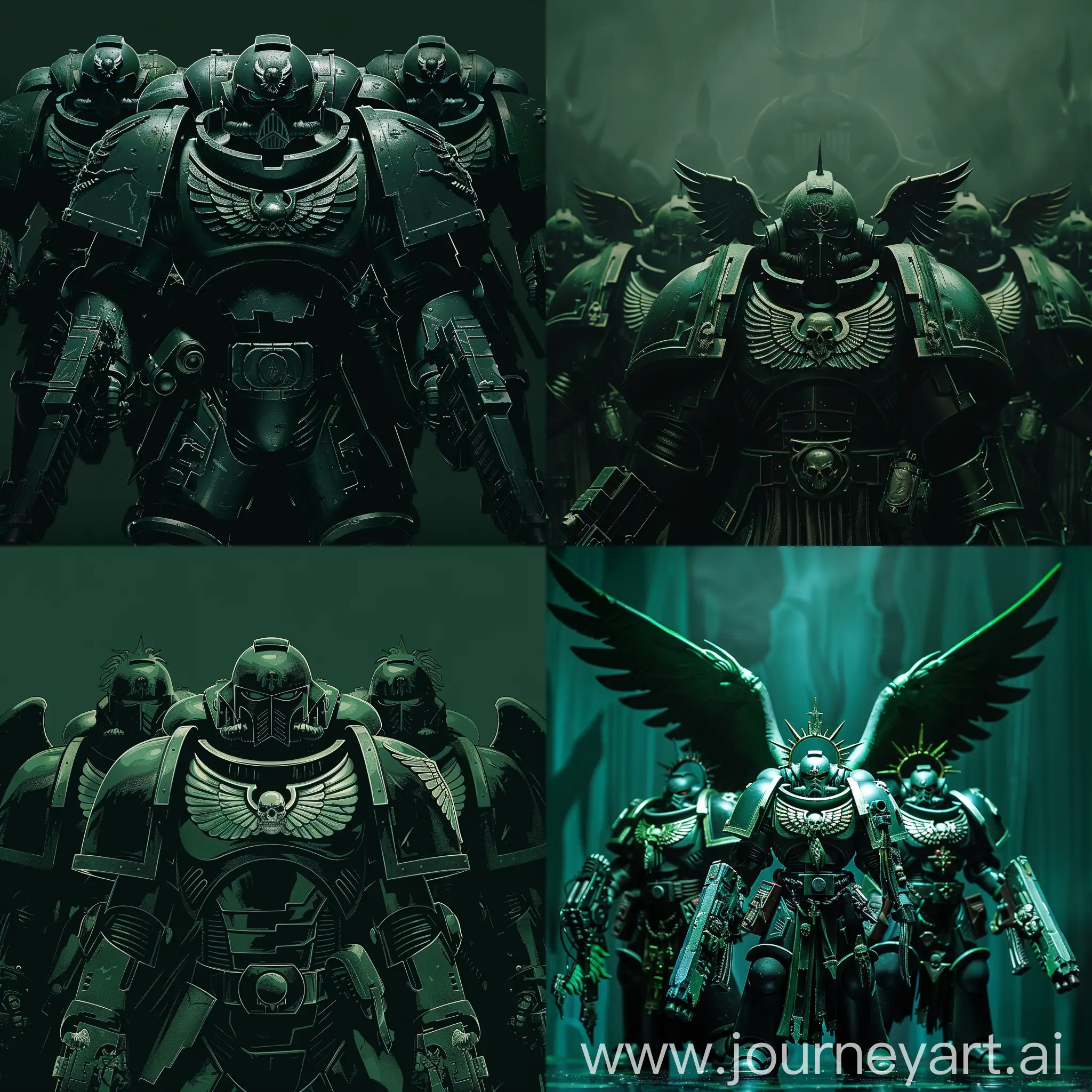 The Dark Angels from the Warhammer 40k universe. The background is dark green.