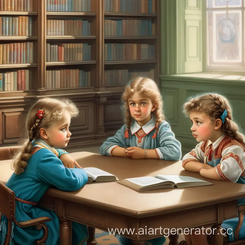 Три русских ребёнка отвечают на вопросы в библиотеке