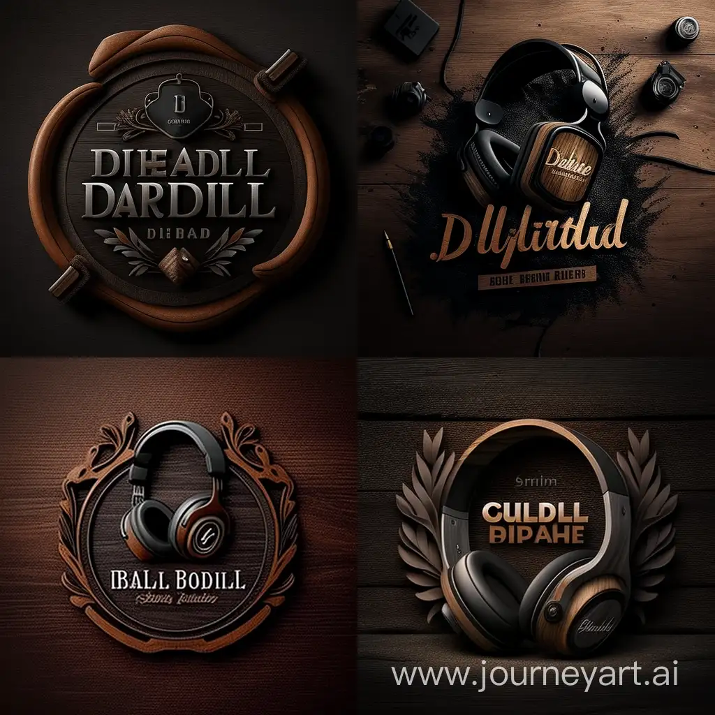 Design a logo use mobile, smartwatch,AirPod, headphone,realistic and use dark gray and wood color 