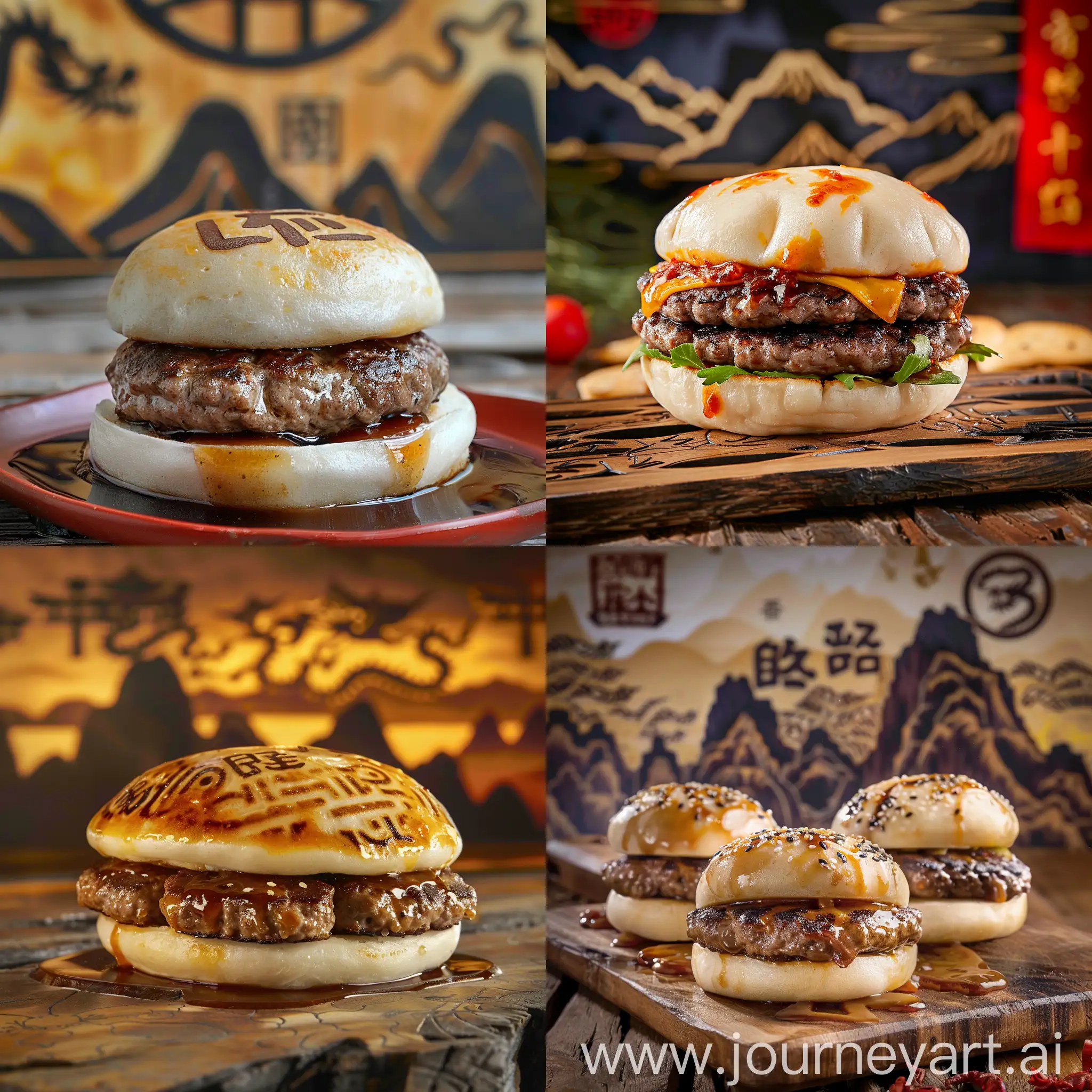 Chinese burger made for new lunar year. Created in boazi with teriyaki sauce. Make some Chinese dragons in background or mountains with Chinese symbols 
