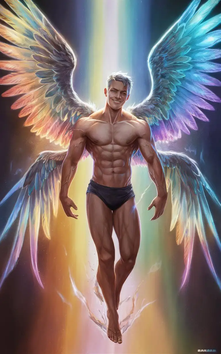 Muscular Angelic Male Descending with Rainbow Wings