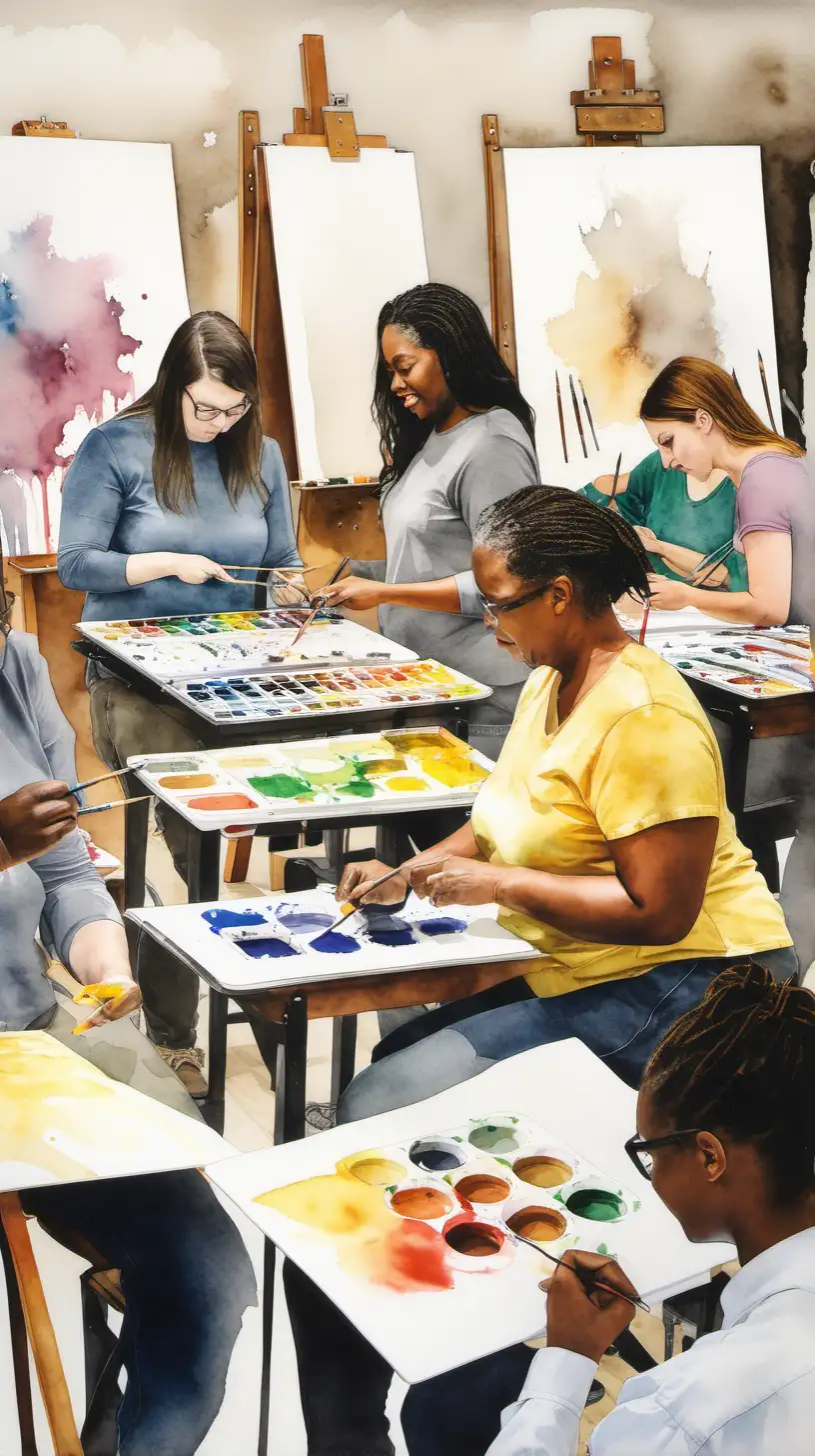 A water color, painting of an adult art class with diverse students painting