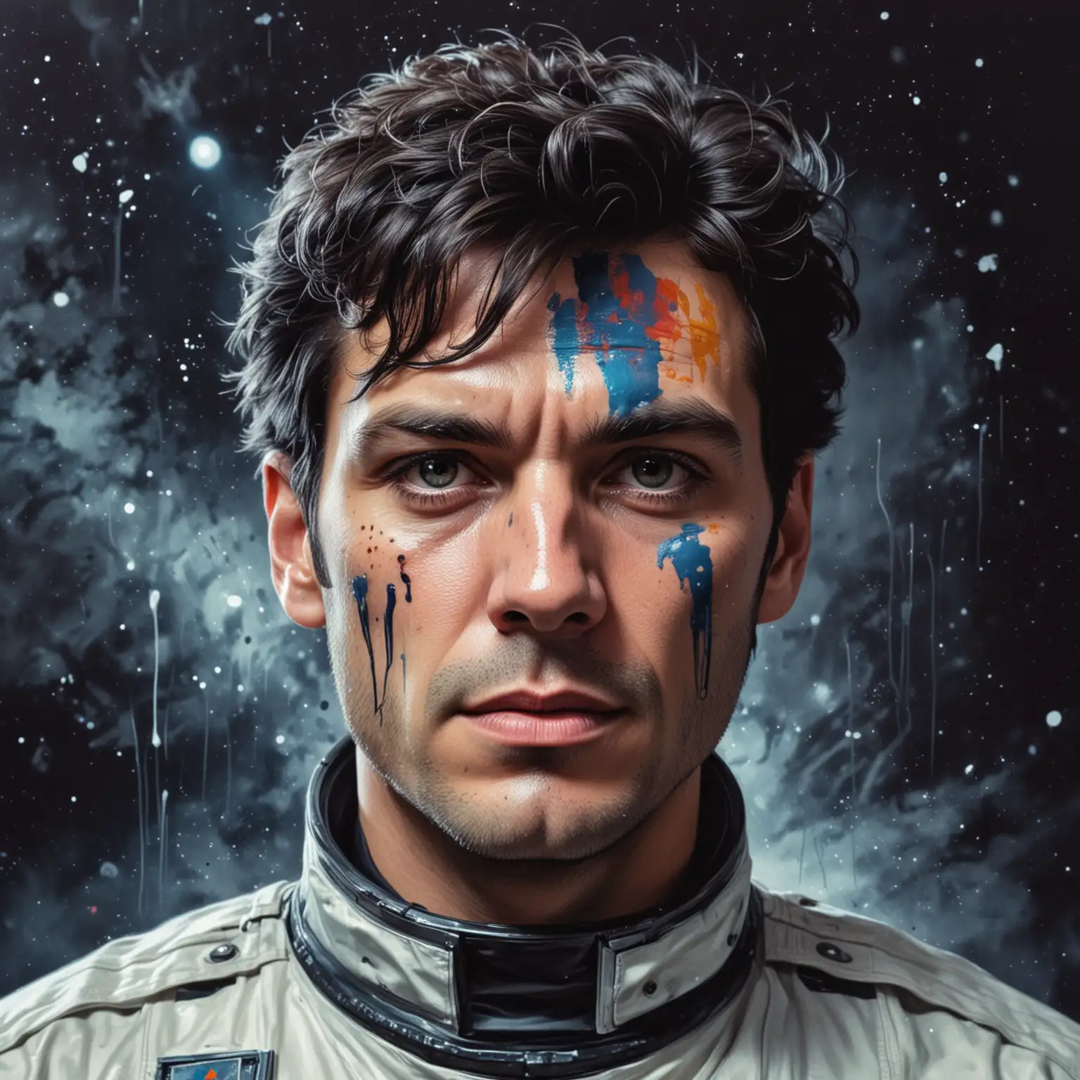 eighties sci-fi painted art style; close up portrait; male human in space prison uniform with paintcan, paint splotches on face