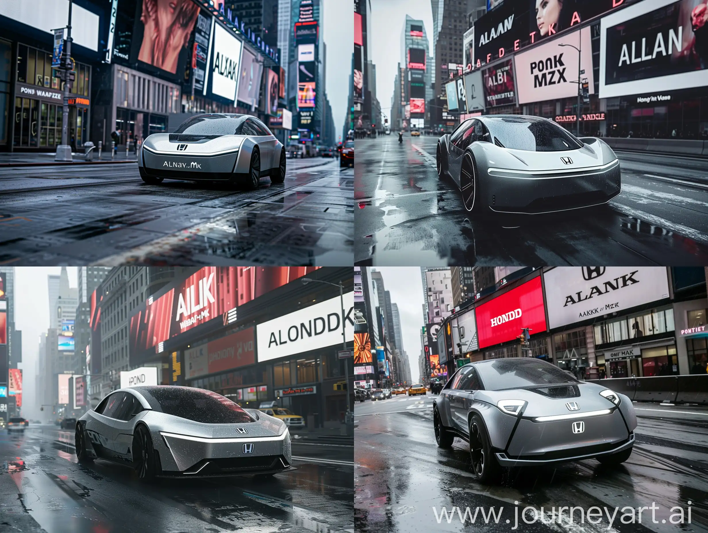 a raw photo showcasing the full Dutch Angle of a silver autonomous electric futuristic Honda vehicle driving on the street, natural lighting, cinematic, photograph, environment, new york city, photo, day time, rainy weather, atmospheric, custom buildings, infrastructures the photo should look like it was taken by a processional camera, the text should say 'alone' an underneath the alone text should say 'phonk/wave mix', the font style should be cinematic an futuristic to match the vibe, the whole text itself should be spelled perfectly to precise, the vehicle design looks sci fi, the vibe of the photo should be moody, billboards, the photo should be detailed to precise 4k,