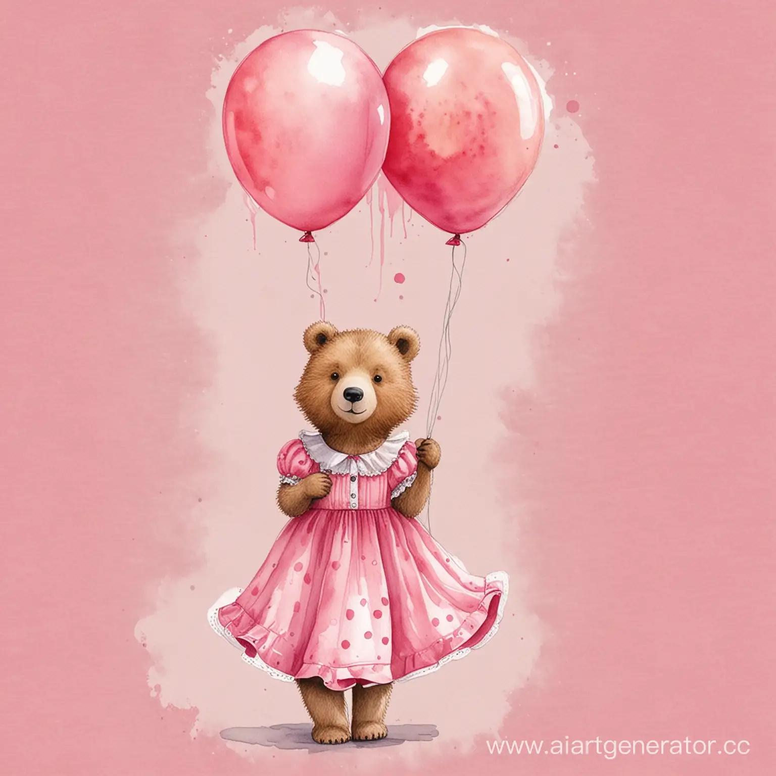 милый мишка в розовом платье с шарами акварельный рисунок

