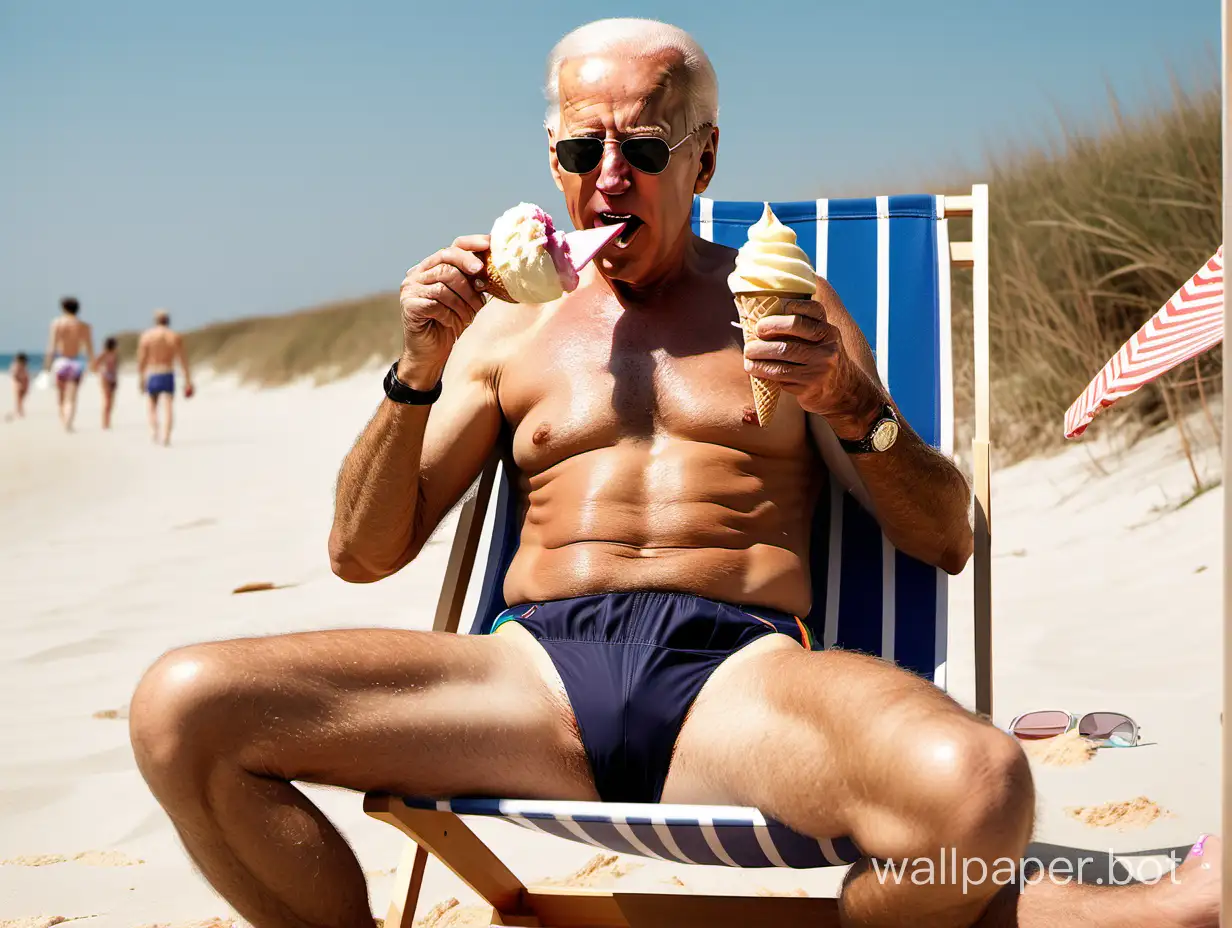 Joe Biden eating ice cream, scrawny dad body wearing bathing trunks near a deck chair on the sand.