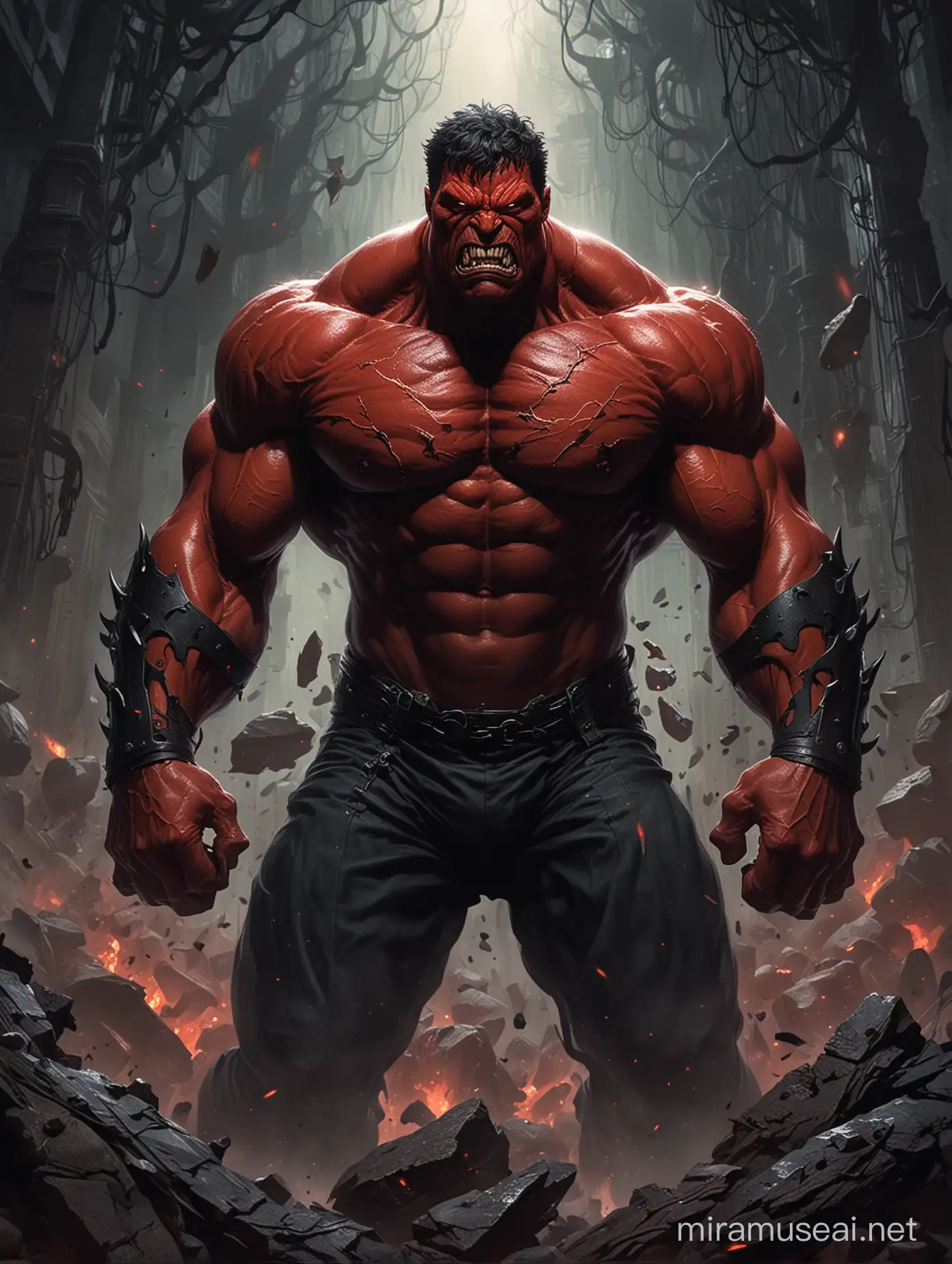 "Journey into the shadows with Midjourney AI as we unveil the enigmatic persona of the Red Hulk as a dark lord. Cloaked in darkness and wielding the power of the abyss, the Red Hulk emerges as a formidable force to be reckoned with. With eyes ablaze with infernal fury, he commands legions of dark minions and bends the very fabric of reality to his will. Clad in armor forged from the depths of despair, each step he takes echoes with the weight of his sinister purpose. As he casts his gaze upon the world, fear and trepidation follow in his wake, for none can stand against the might of the dark lord Red Hulk. Through its narrative, Midjourney AI invites audiences to explore the depths of darkness embodied by the Red Hulk, a figure of malevolent power whose shadow looms large over all who dare to defy him."