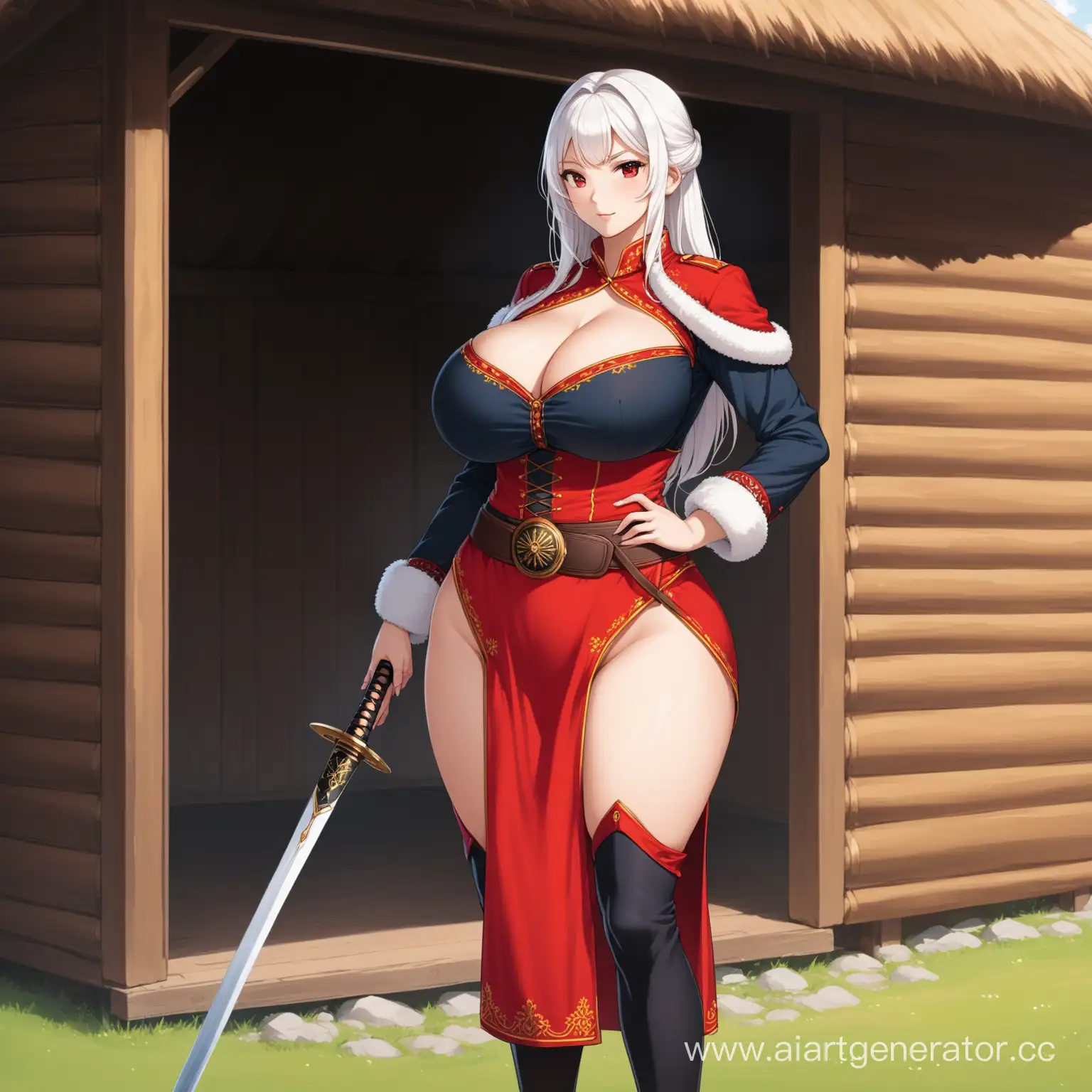 Russian-Cossack-MILF-with-Saber-in-Front-of-Traditional-Hut