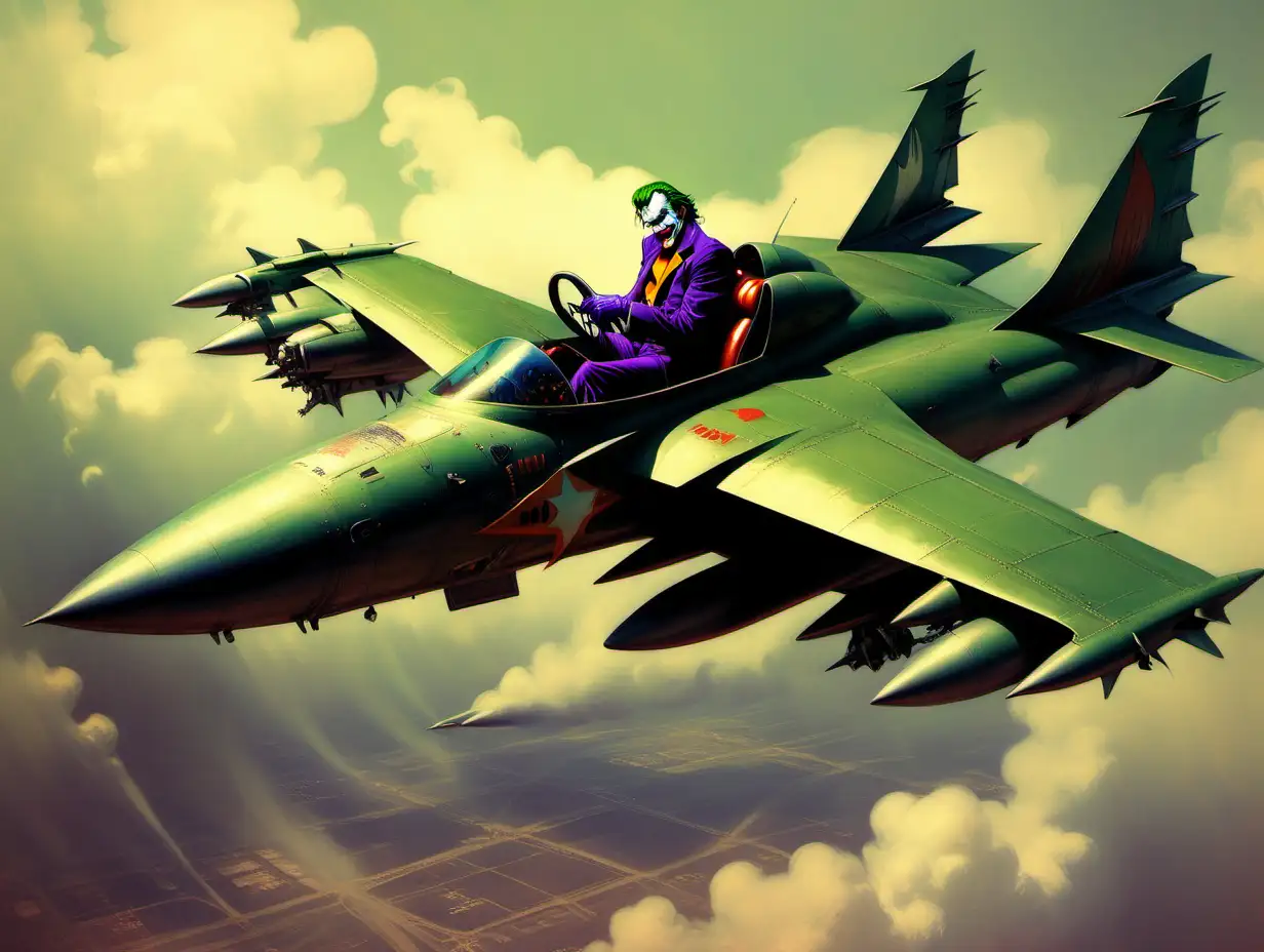 The Joker  in a jet fighter plane Frank Frazetta style