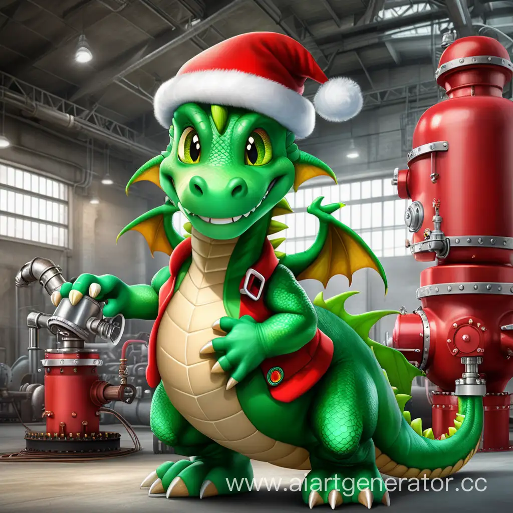 Cheerful-Green-Dragon-in-Santa-Claus-Suit-with-Industrial-Control-Valve