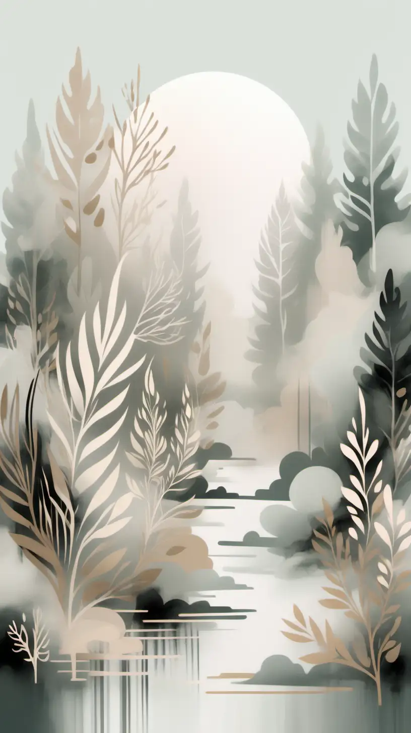 Design an abstract composition using calligraphy strokes, harmonizing the beauty of language with visual artistry. make it feminine and whimsical with muted neutral colors that emulate a misty forrest. add a pop of complementary color.