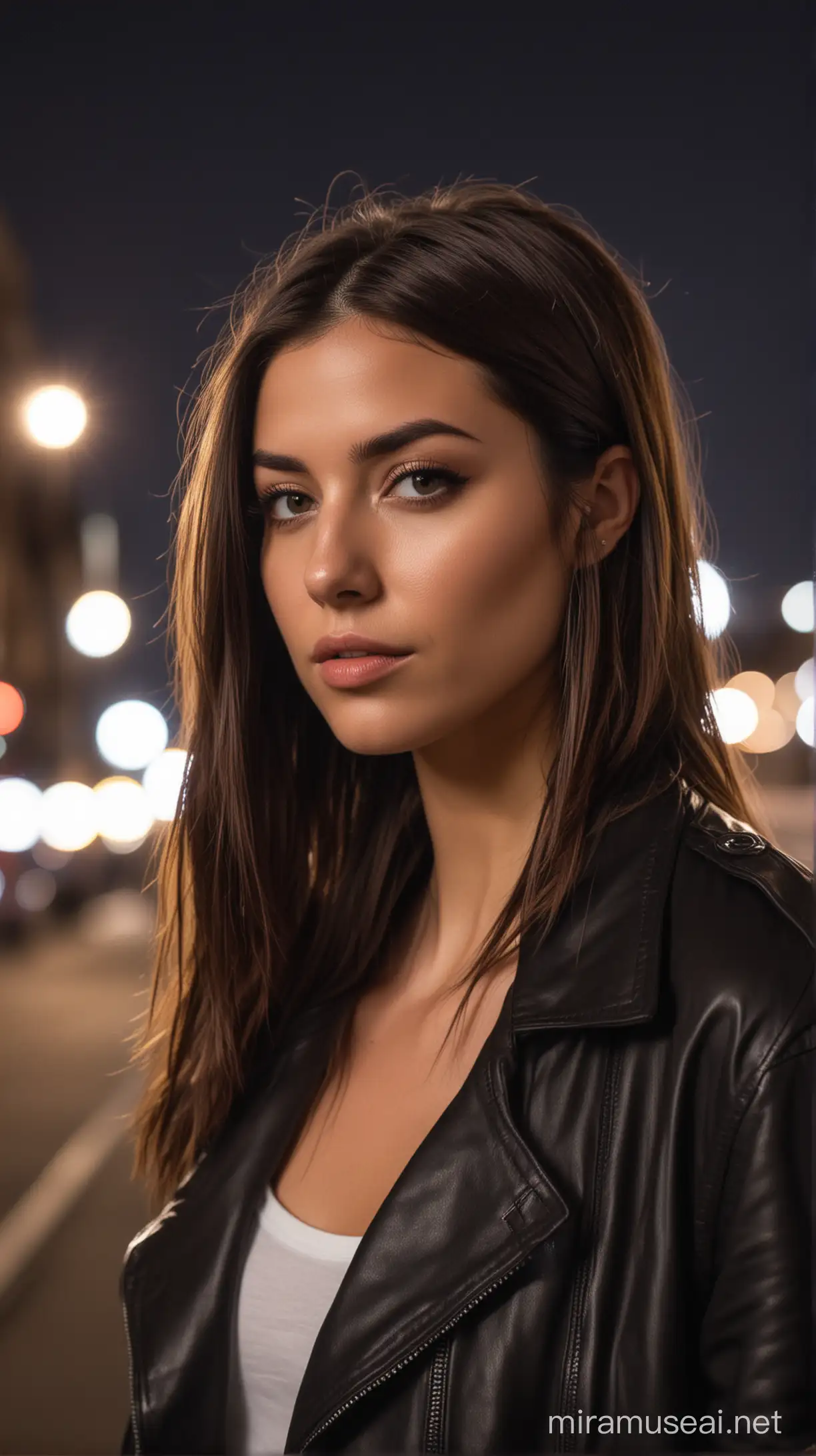 A trendy woman in her 20s with sleek, straight smokey brown hair, photographed in an urban nighttime setting. The image should emphasize the cool, edgy tone of her hair against a city backdrop