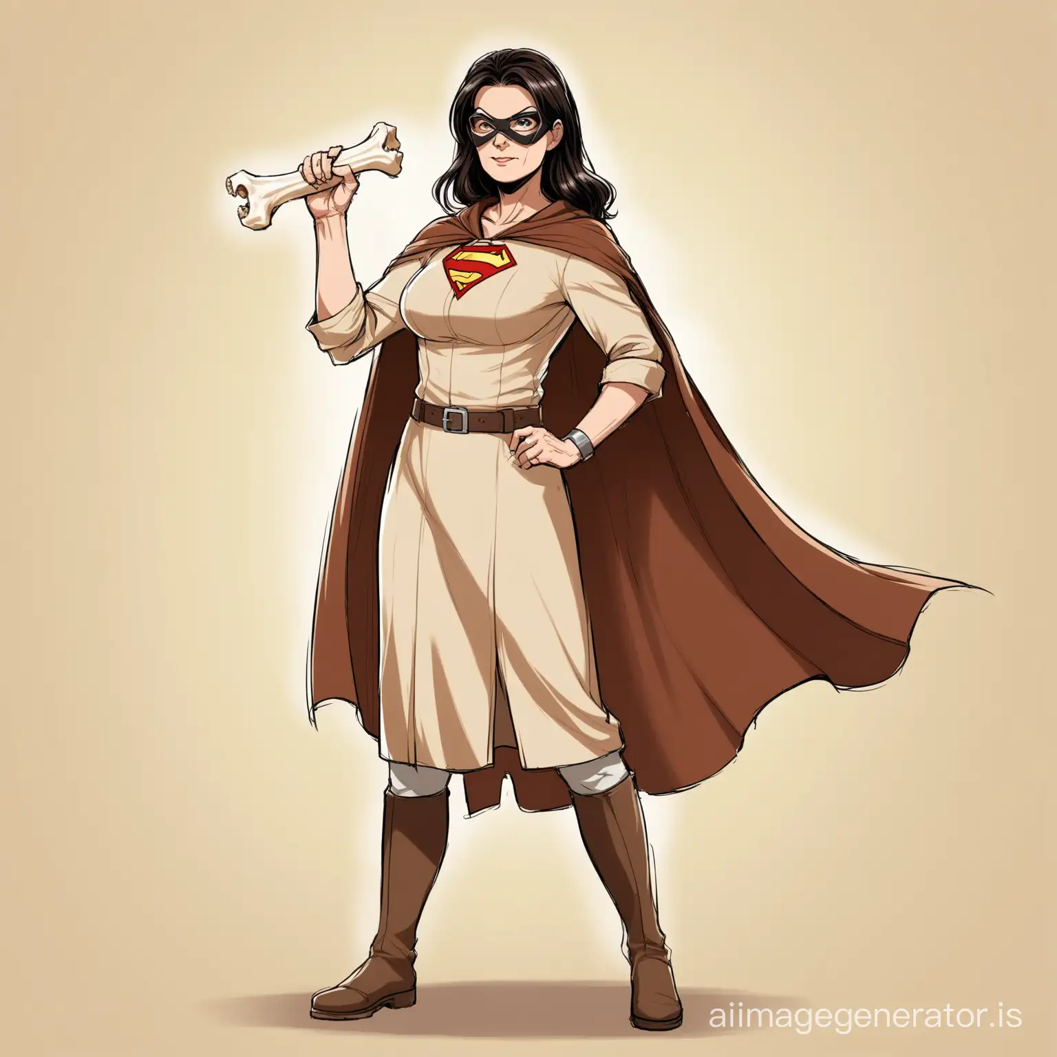 50 year Old female archaeologist with dark hair holding a bone dressed as a superhero