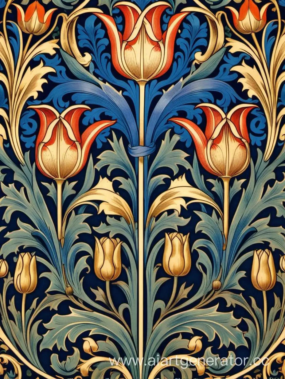 Vintage-Floral-William-Morris-Tulip-Pattern-in-Dark-Multicolor-and-Gold-Background