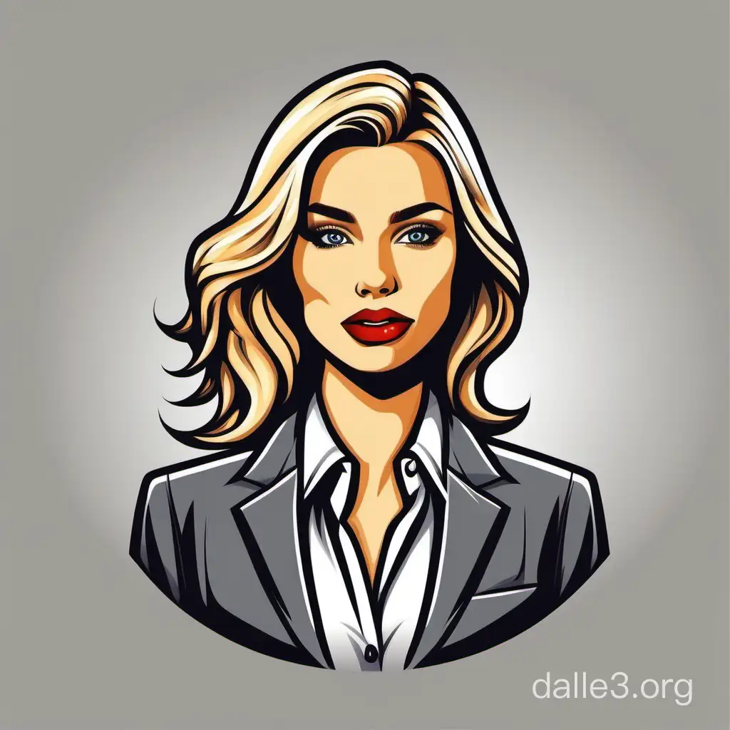 detailed  iconic logo. color logo. white background. smart blond girl in a business suit. looking straight. front view. vector. simple. make the shirt white. the jacket dark. lips red. eyes brown. blond hair. more shadows and highlights on the hair.  logo for the marketing manager's girlfriend 18 years old,Mouth closed. small smile.  