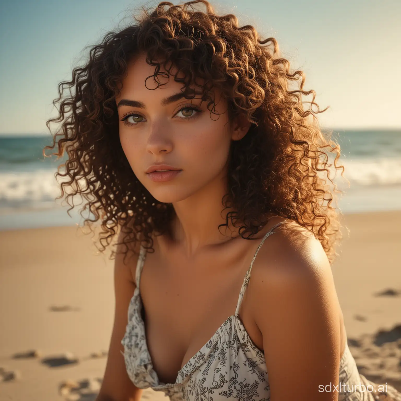 (sharp focus:1.2), photo, attractive mixed woman, (beautiful face:1.1), detailed eyes, luscious lips, (cat eye makeup:0.85), (large eyes:1.0), (sexy body:1.2), (curly hair:1.2), wearing (sundress:1.2) sitting on a (beach:1.2). (moody lighting:1.2), depth of field, bokeh, 4K, HDR. by (James C. Christensen:1.2|Jeremy Lipking:1.1), body  solid, black eyes, big solid, beauty marks, sandy skin, sand on skin