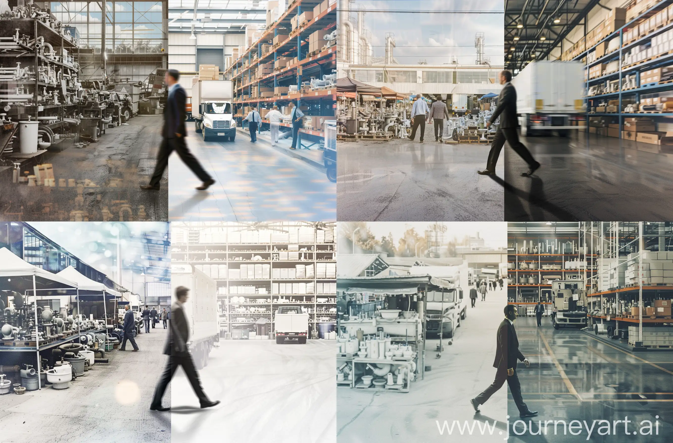 "The image is smoothly divided vertically into two parts. A man in a suit is walking from left to right in the center, crossing this border. The transition between the parts is smooth, blurred in the background, and the man in the suit is in the foreground. To the left, a flea market is shown where sellers are selling old plumbing. To the right is a warehouse with a view from inside the building, an automated new white plumbing warehouse inside, surrounded by shelves, where all the new plumbing goods are neatly arranged, the floor is clean, and a truck is unloading to the warehouse where employees are carrying boxes --ar 62:41