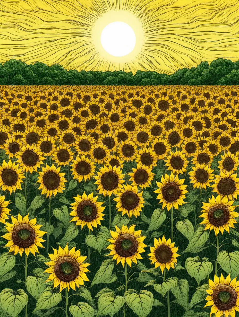 Vibrant Nihonga Style Sunflowers in a Lush Field