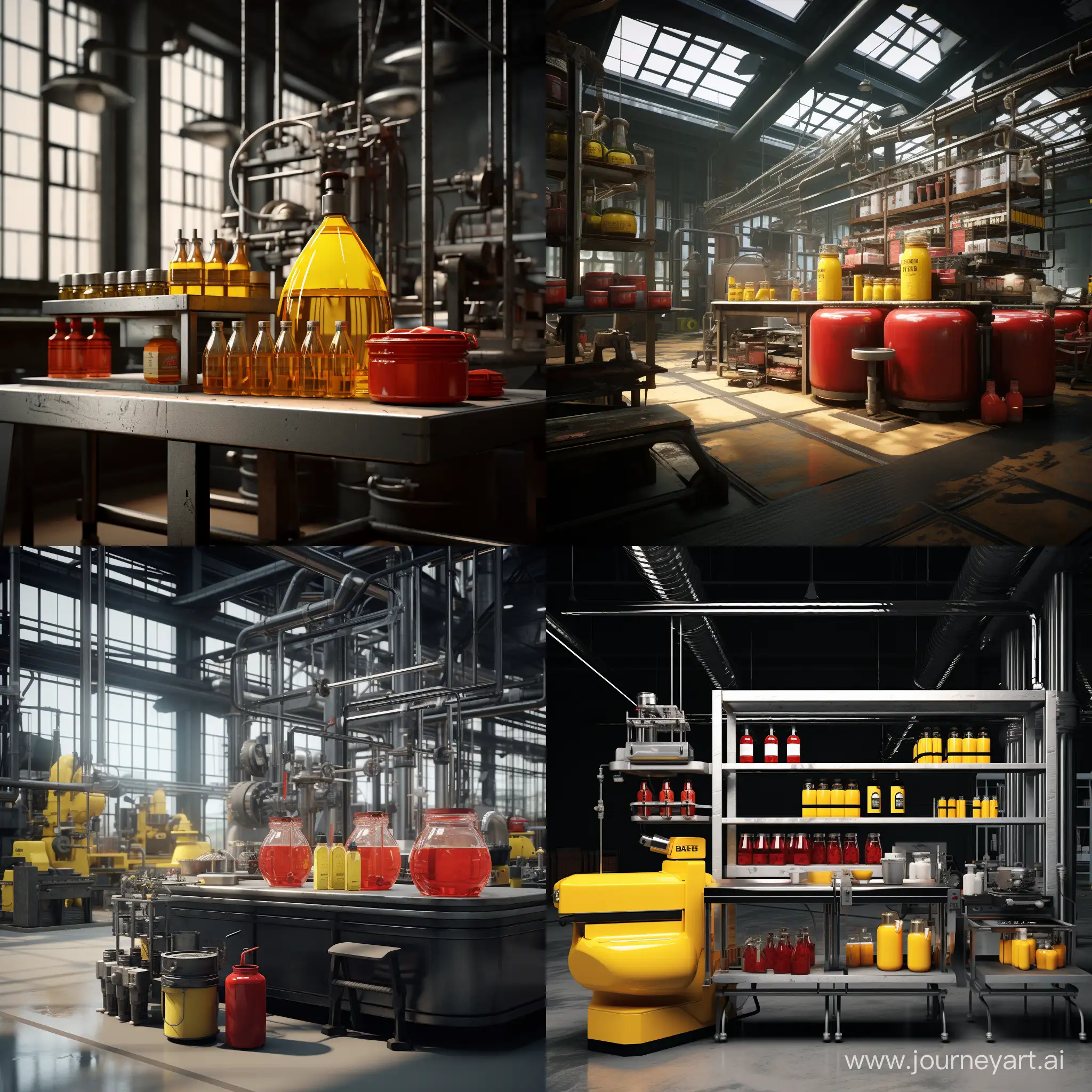 Industrial design style, Functional design associated with machinery and industry aesthetics (masterpiece, 8K, UHD, photo-realistic:1.4),(efficient machinery:1.3), (bottles of sauces and ketchup:1.2), (glistening tomatoes:1.1), (industrial workshop setting:1.1), (vibrant reds and yellows:1.1), (meticulous details:1.2), (high-quality food production:1.2), (warm colours, inviting atmosphere:1.1), (intricate lighting:1.1)