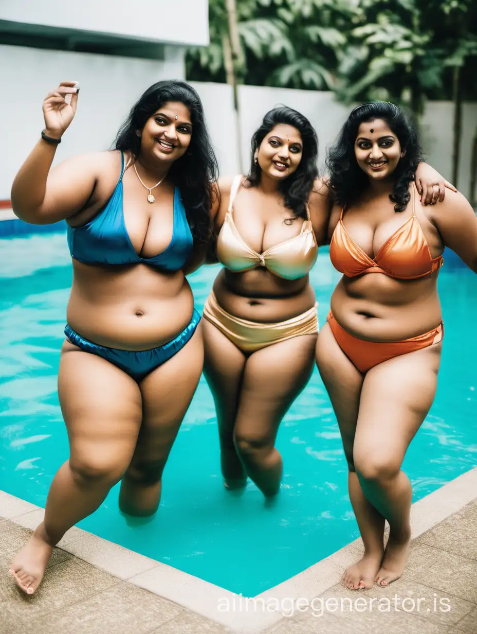 Indian women plus size busty wearing satin bikini with her friends who are normal size enjoying in pool