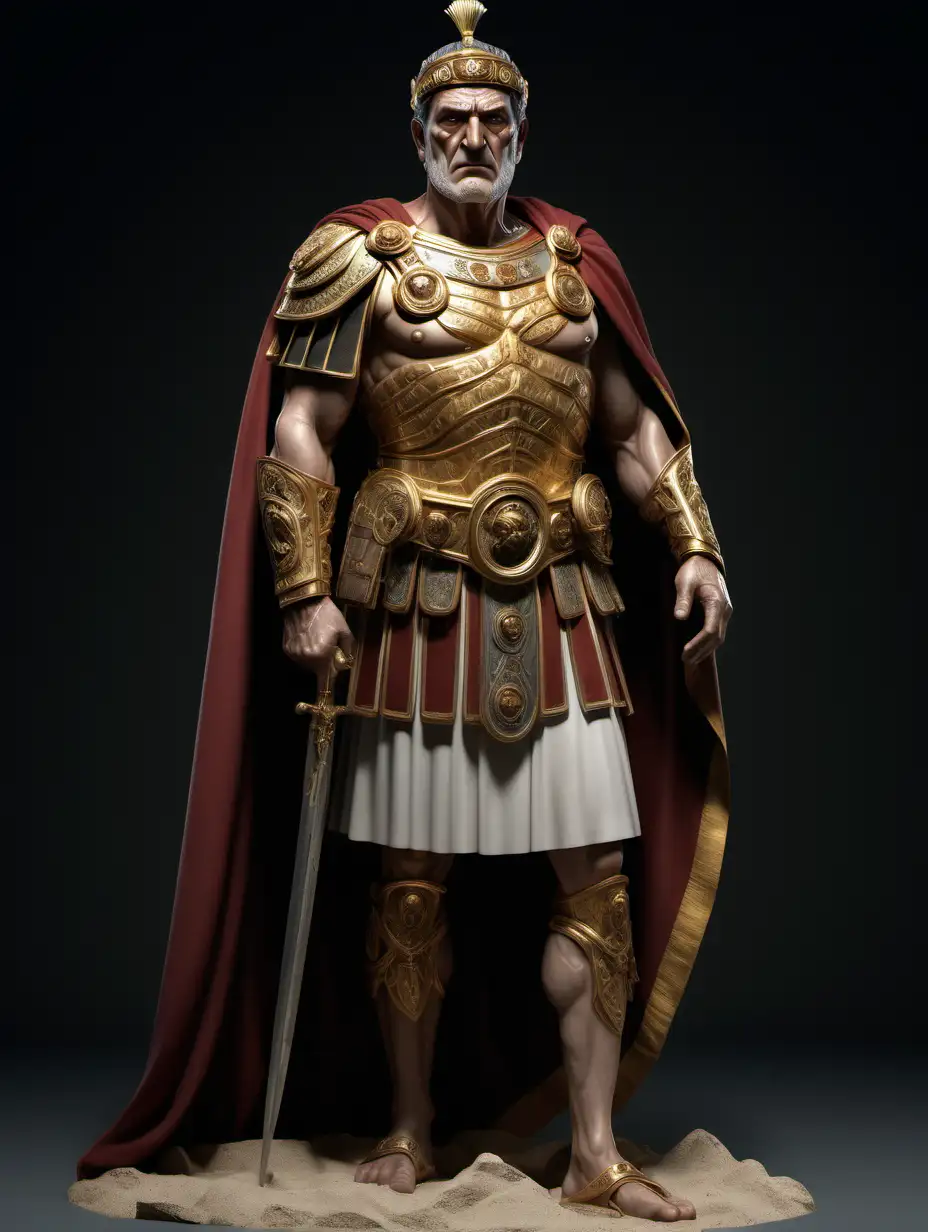 Full body, Mature man, Emperor of Rome, veteran with many battle decorations, His cold face and sharp gaze, The face, although it bears traces of older wounds, is neat and bright, Strong shoulders can be seen under the subarmalis, The rich black hair matches the olive eyes and tanned facial skin, An imposing character to whom it behooves you to show respect, beach sunrise. Lightning by the sun