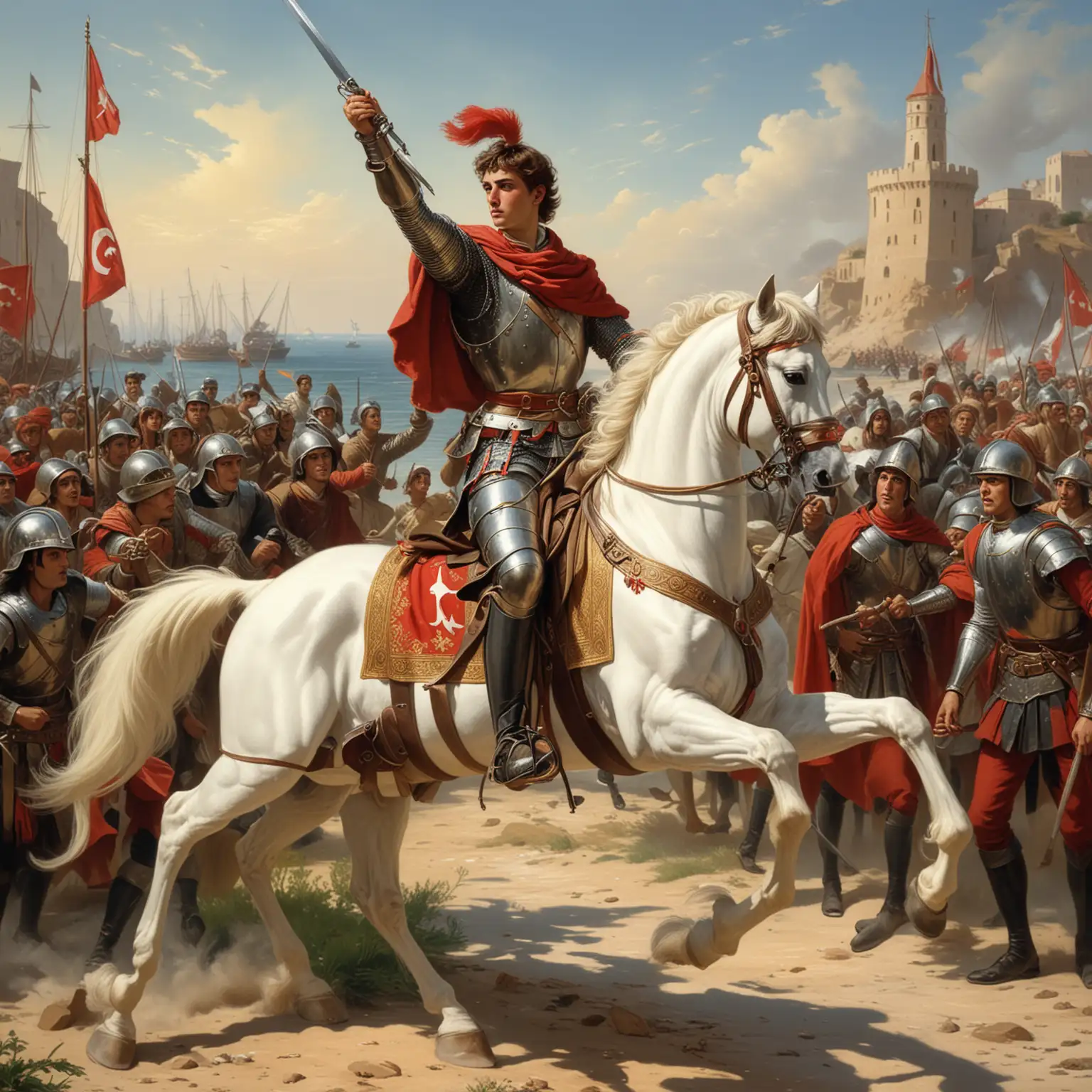 Handsome young saint george on horseback fighting turkish sailors