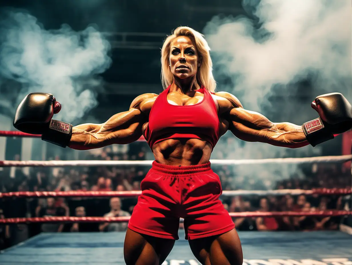 Powerful Blonde Female Bodybuilder Lisa Cross Flexing Muscles in SmokeFilled Boxing Arena
