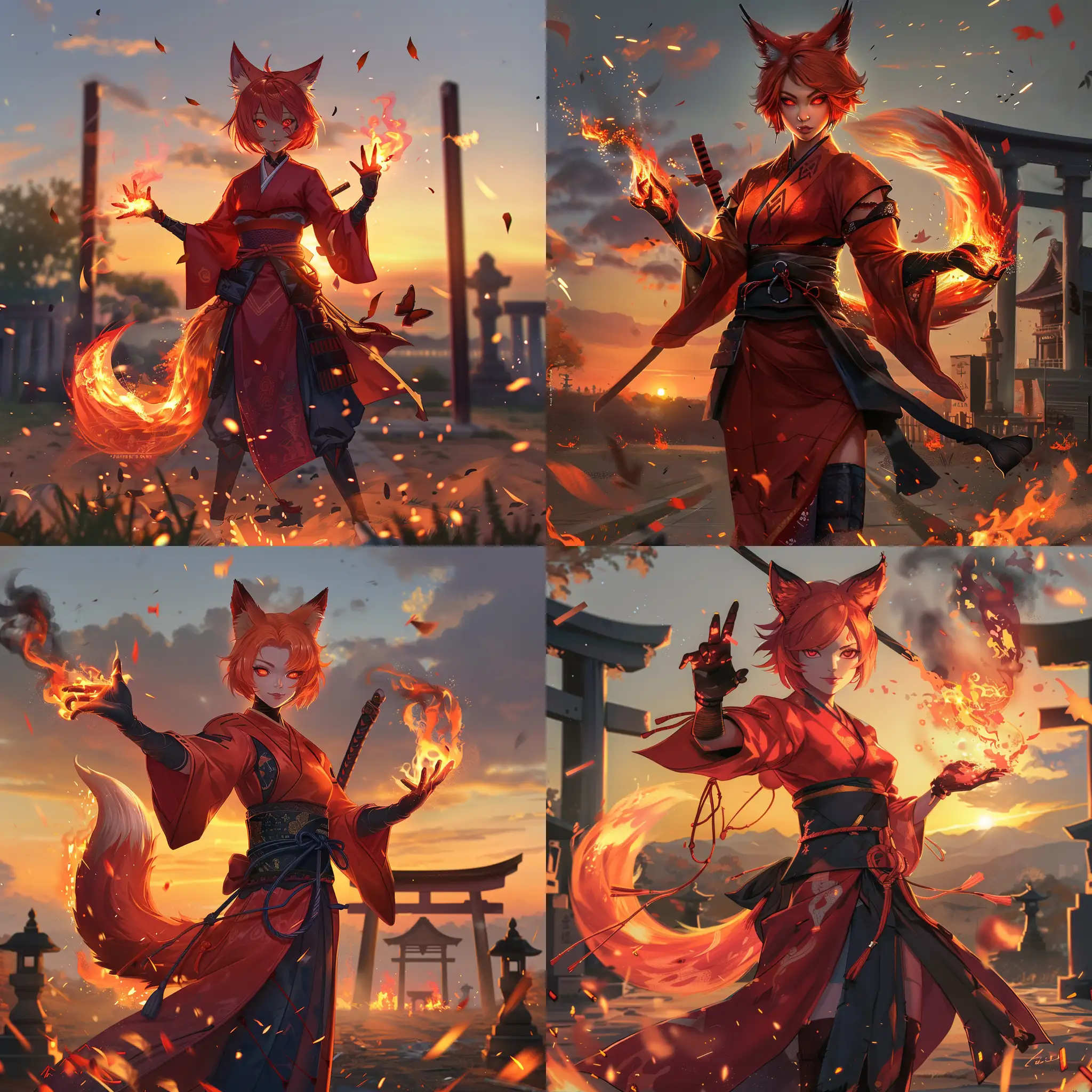 Fiery-Red-Fox-Woman-Casting-Fire-Magic-at-Shinto-Shrine