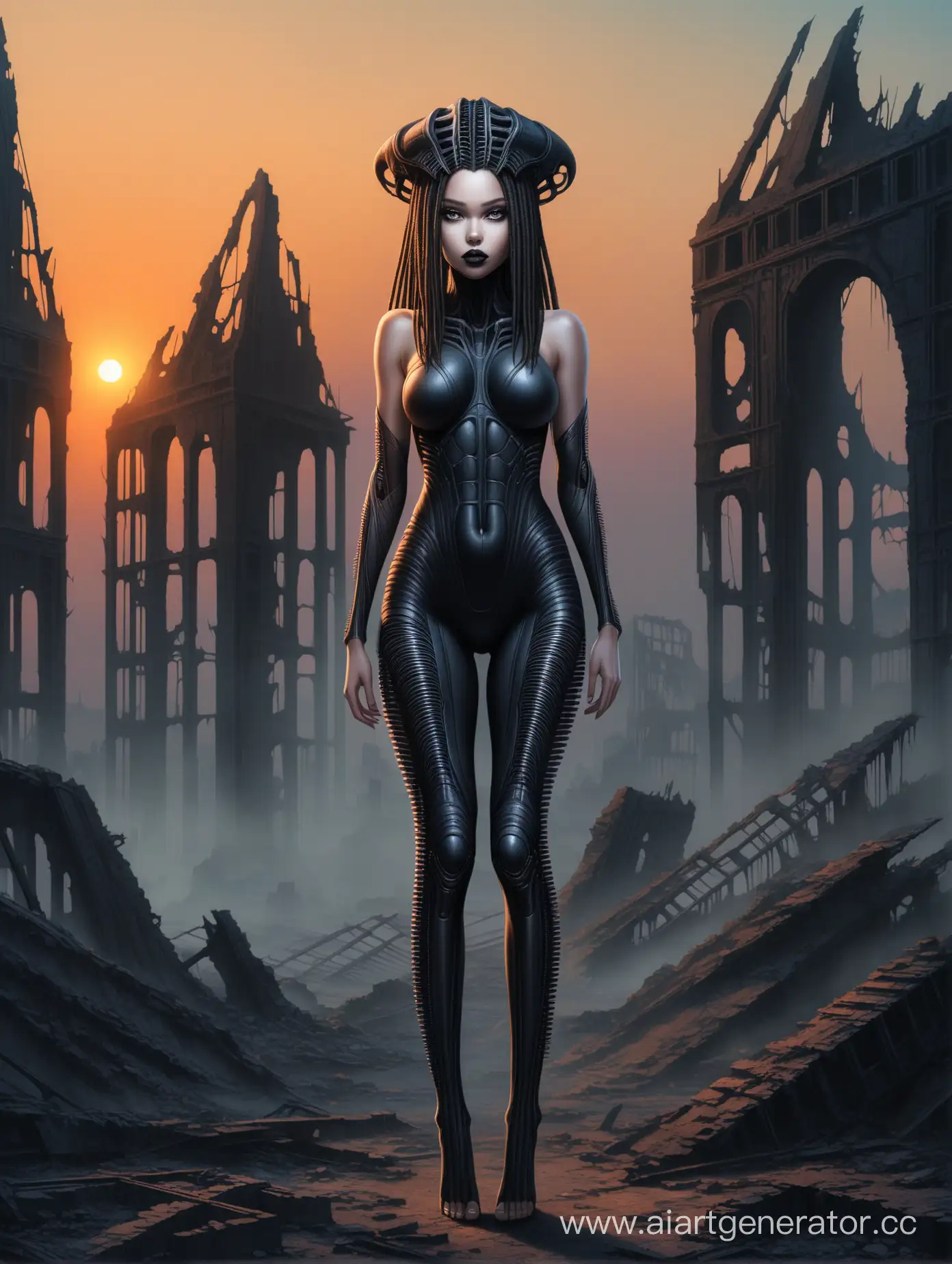 Gorgeous young woman in biomechanic-alien Giger style, 195 cm height. Realistic proportions. Slender fit figure (slim waist, wide hips). Beautiful face, hot luscious black lips, big black alien eyes, black bone dreads on head. Stands in fantasy ruins at the sunset. Full body image.