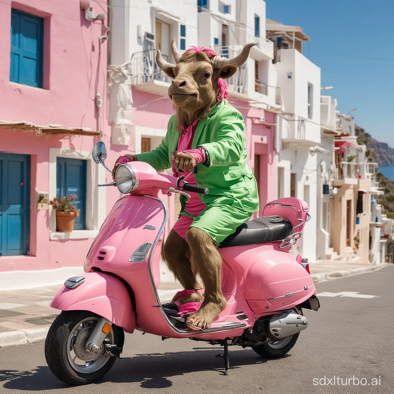 two meter minotaur monster dressed in a green suit juggling on a pink Vespa GTS 300, side shot of the Vespa, The minotaur looks at the camera, the pink Vespa GTS 300 is in motion, background located in Santorini greece,