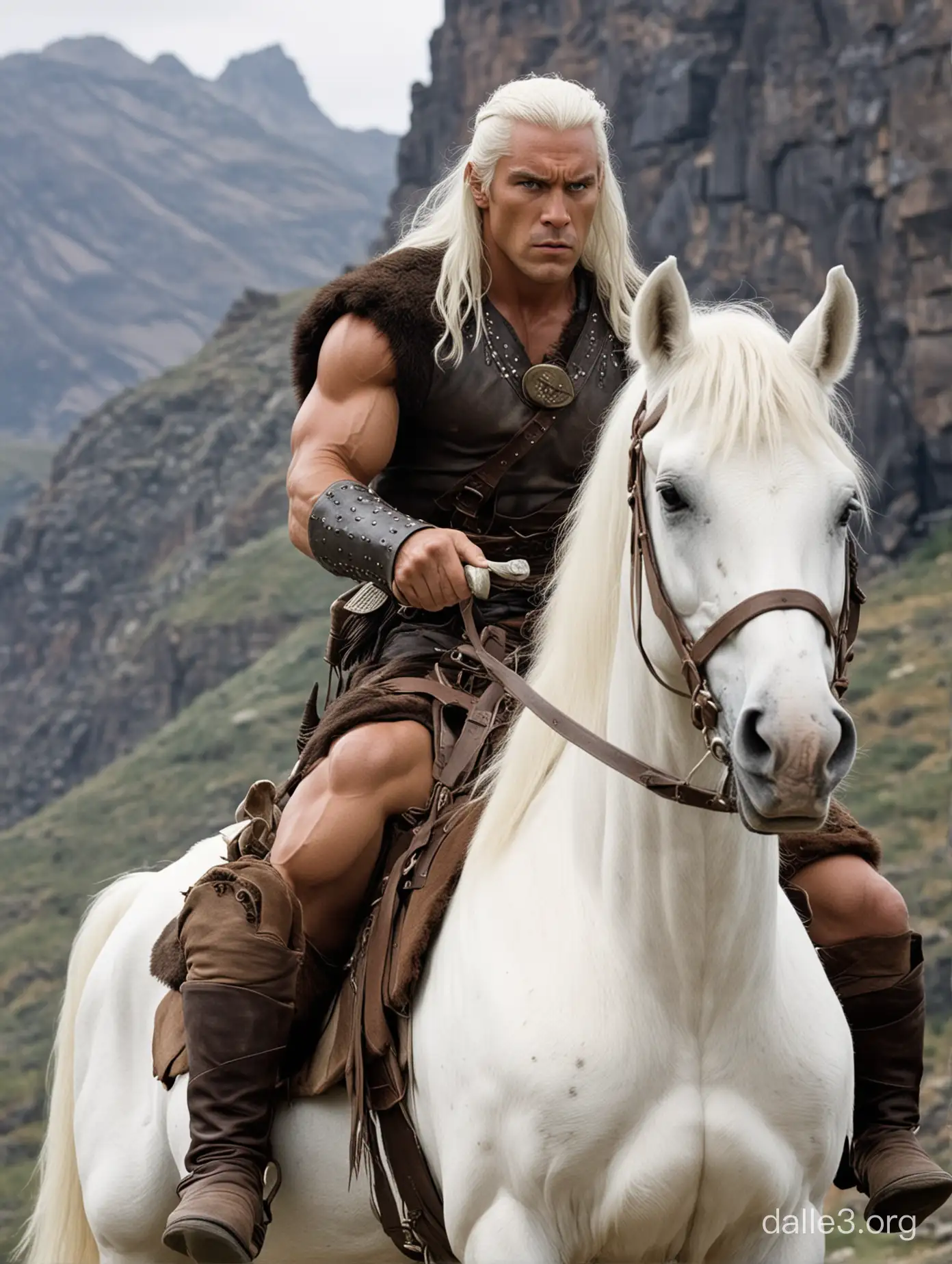 Conan the barbarian white hair, on horseback