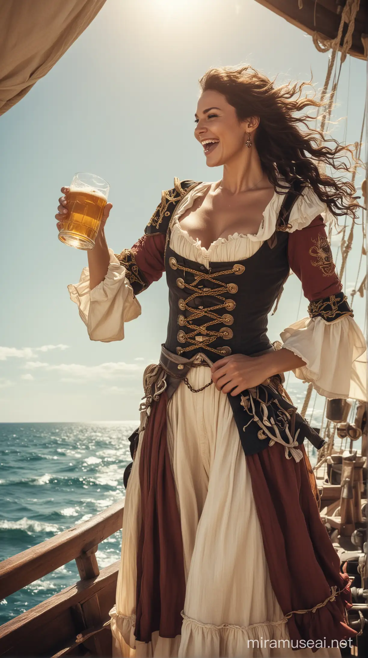 Gol D. Roger holding a beer, on a pirate ship, sunny day, wind, laughing, correct anatomy, toned body, wearing a noble pirate dress