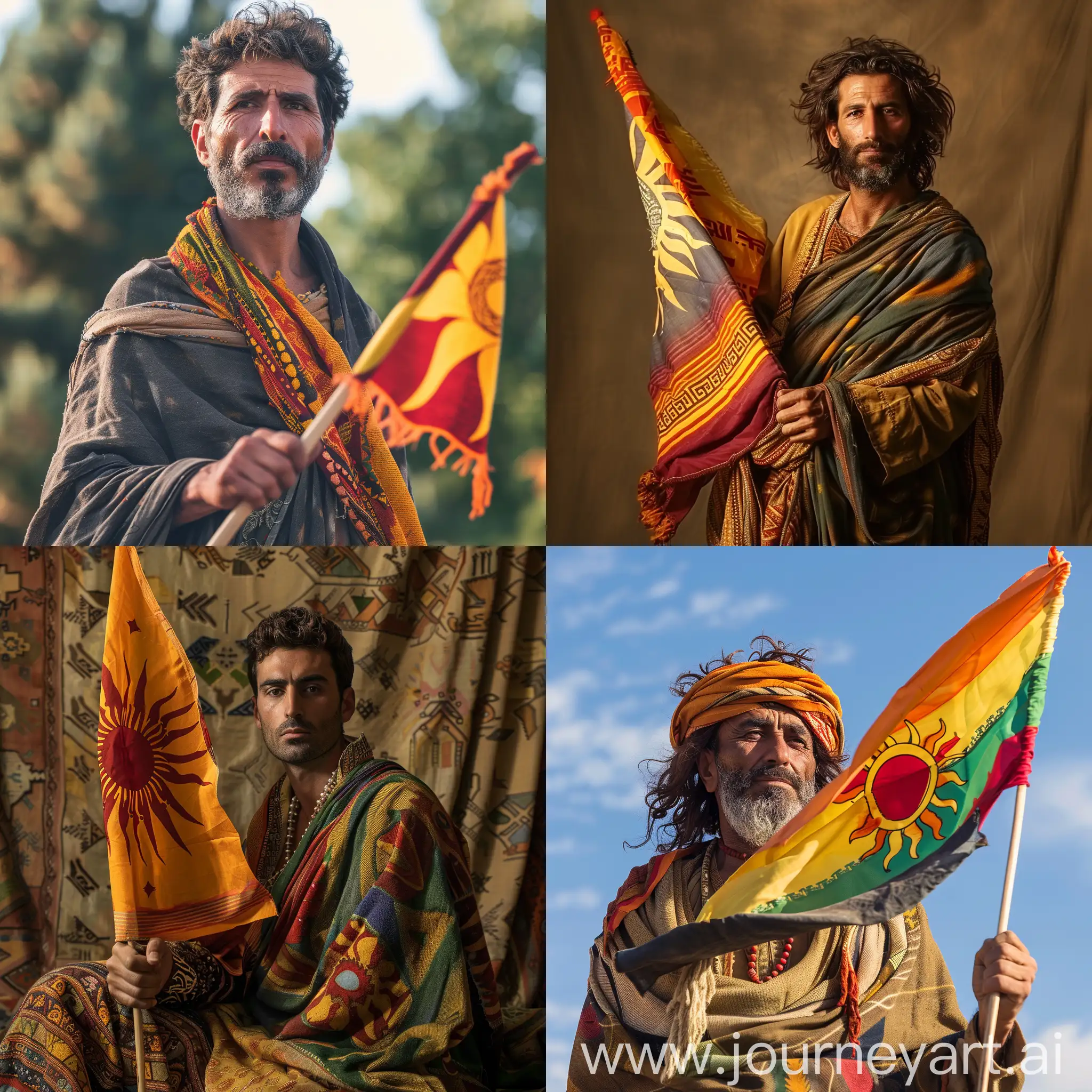 A Kurd Man wear kurdish cloth. with a sun flag in his hand.