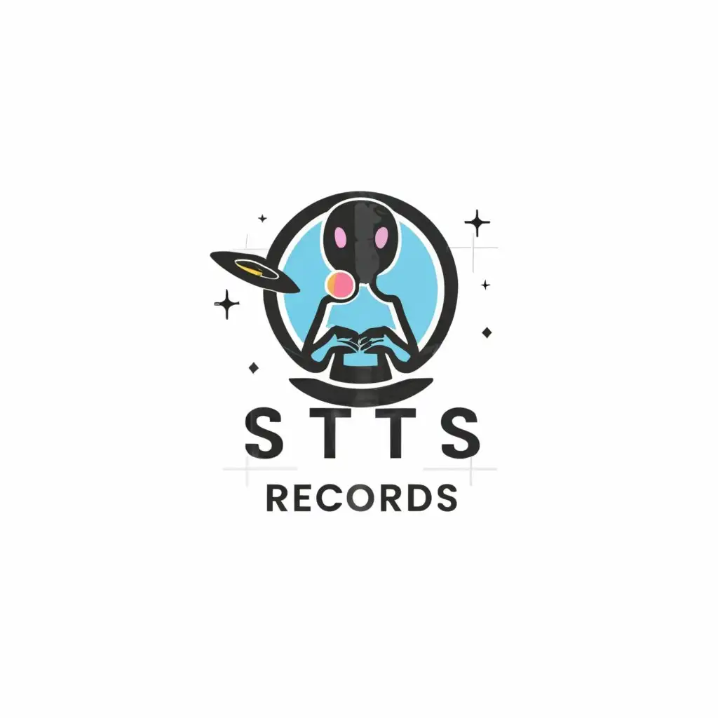 a logo design,with the text "STS RECORDS", main symbol:alien holding a vinyl record,Minimalistic,be used in Entertainment industry,clear background