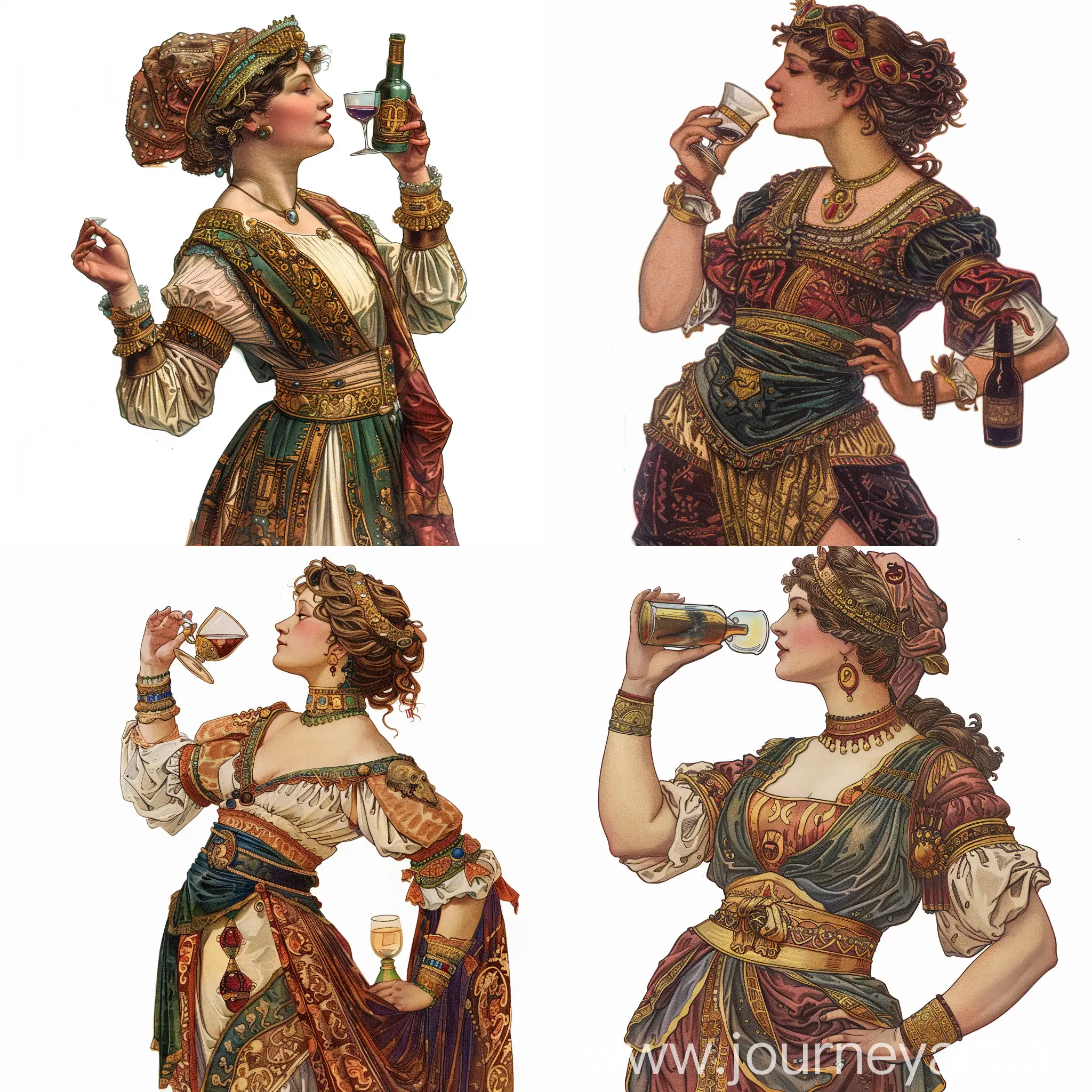waist portrait of an ancient Italia Queen, in profile, with a glass in his hand, which he brings to his mouth, the second hand is bent and holds a bottle of wine near his waist, in very rich clothes, color illustration, on a white background, Arthur Wrexham style