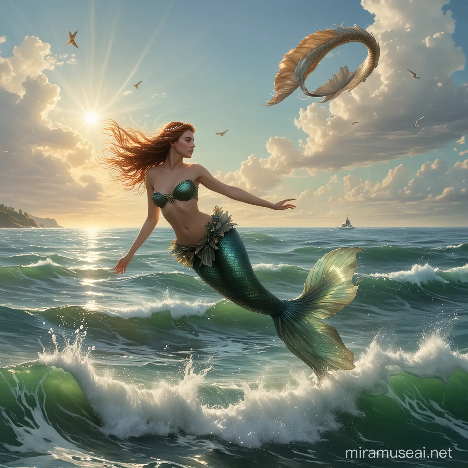 air nymph flying through the air over the sea, in the sea a mermaid waving to a passing nymph