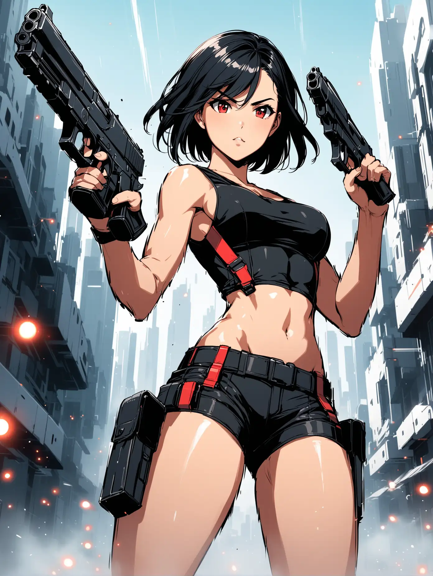 sexy fit 24 year old hero girl, short chin length black hair, firing handguns in each hand in futuristic town, toned body, sexy midriff, short black tank top, wearing suspenders, black shorts, holsters on each thigh, combat boots, red black white 3 color minimal design