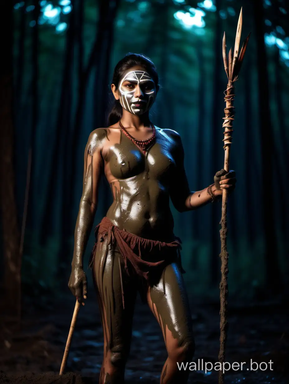 Rogue Indian Female as wild in nature, mud Mask, Glowing large fit body with spear in hand, night at forest