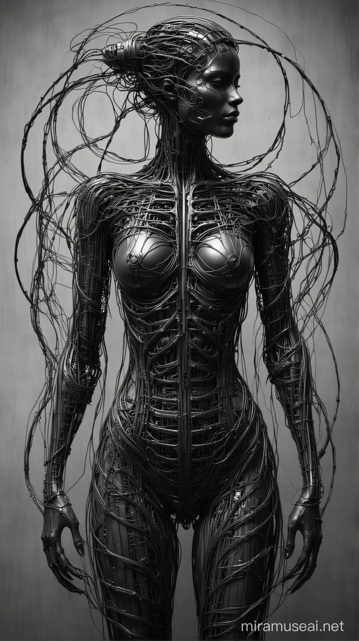 Giger Style Silhouette Intricately Woven Woman Formed from Intertwined Wires