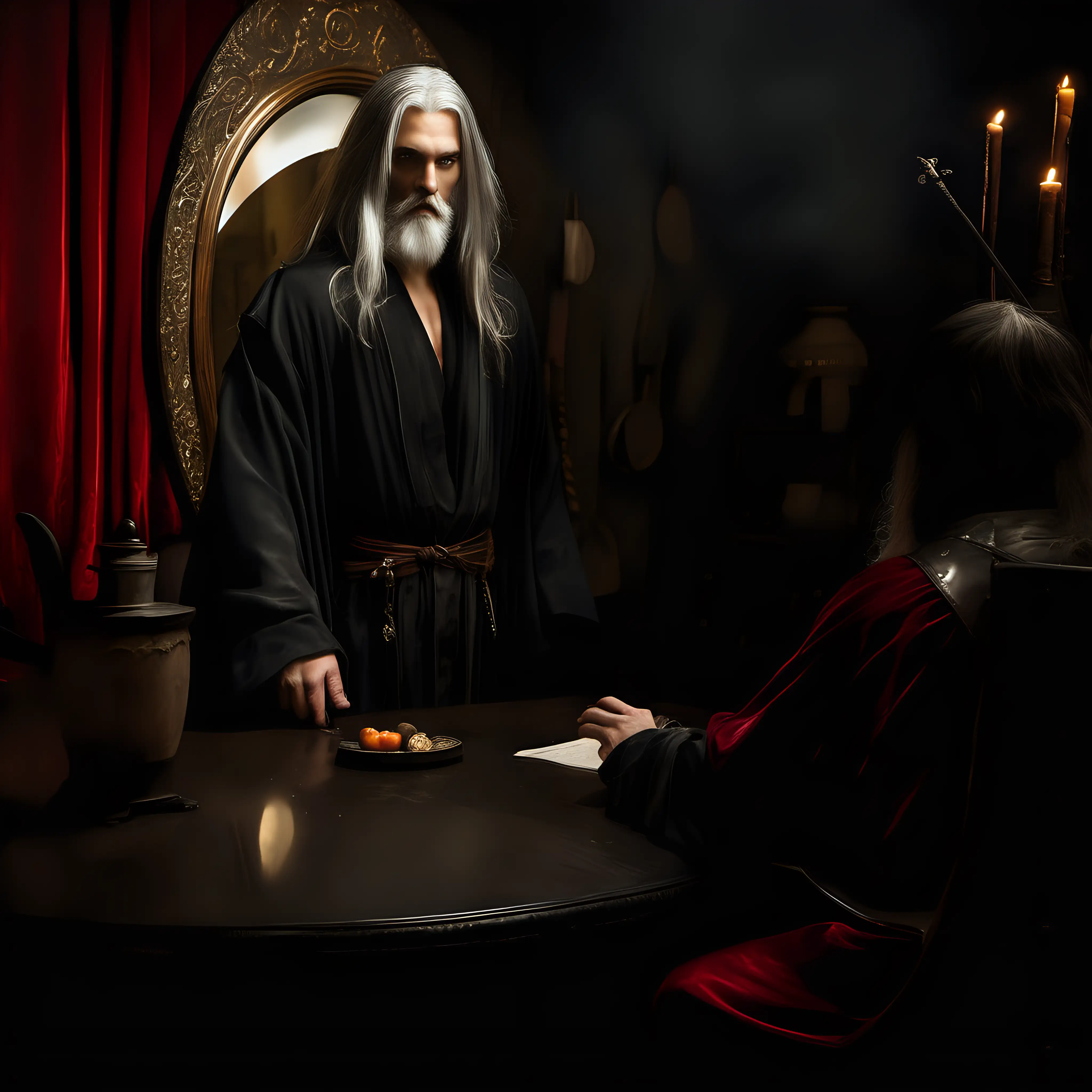 can see the sorcerers  back, he is facing away, he is sitting at  the table, he is dressed in a black robe , he has long silver hair & a beard, he is magical, there is a round mirror on the table
