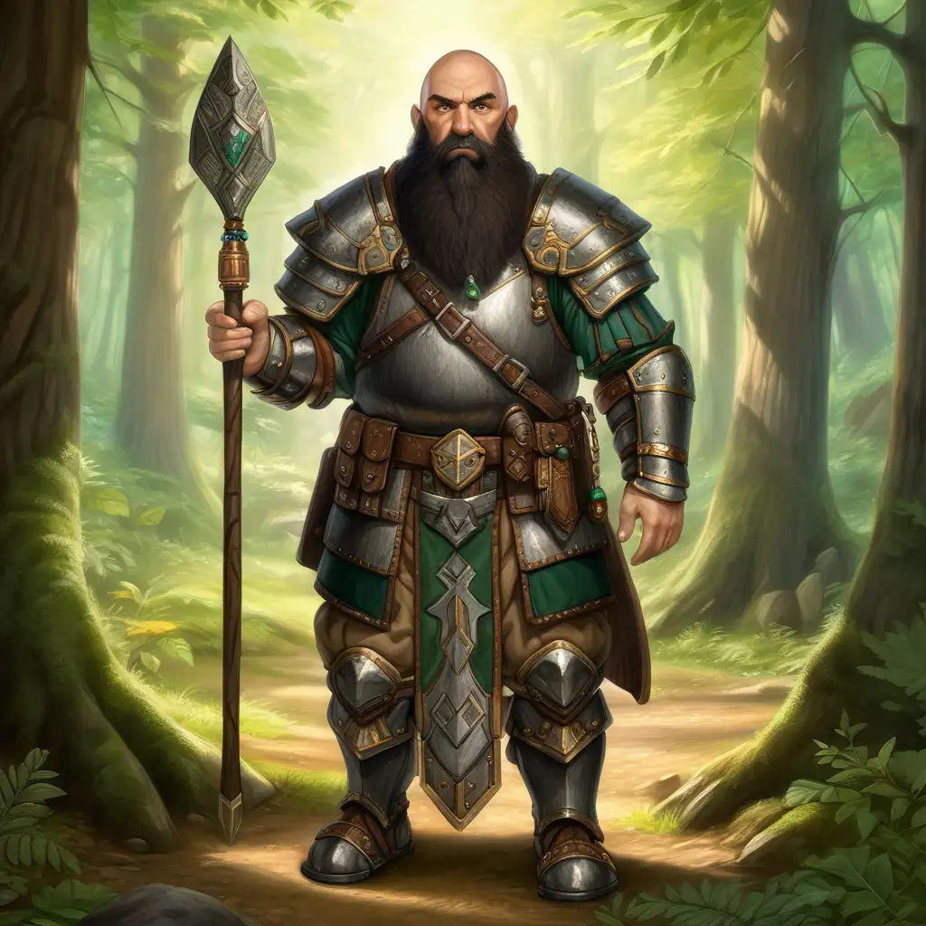 Generate a full-length portrait of a stoic strong male dwarf cleric of Erastil, bald, brown eyes, with a long black beard with beads, wearing a brown full-plate armor with some green details. He is in a shrine of Erastil in a forest glade supported on his hunting spear.