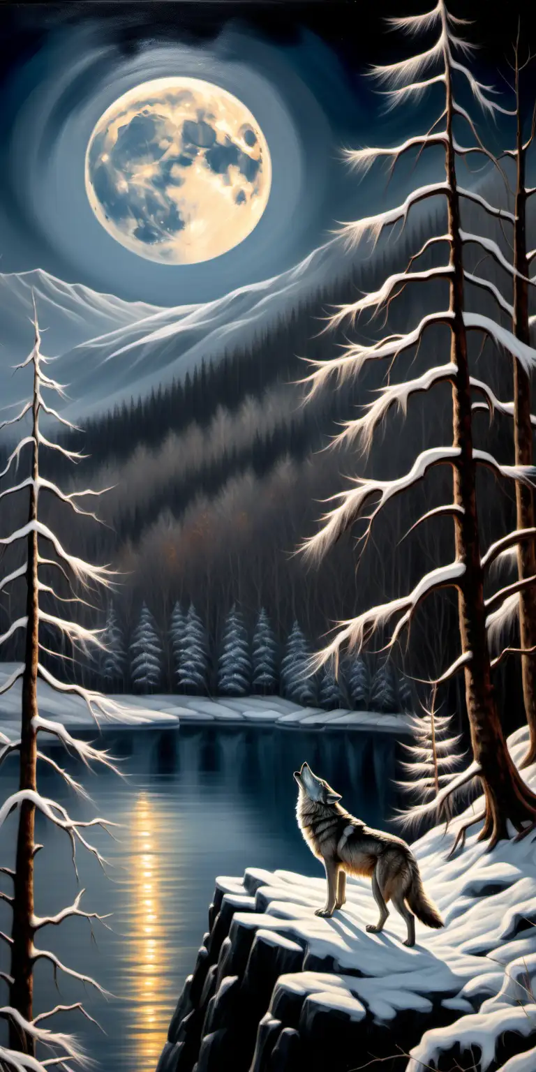 oil painting of howling wolf sitting on cliff in front of full moon in winter forest with lake in background

