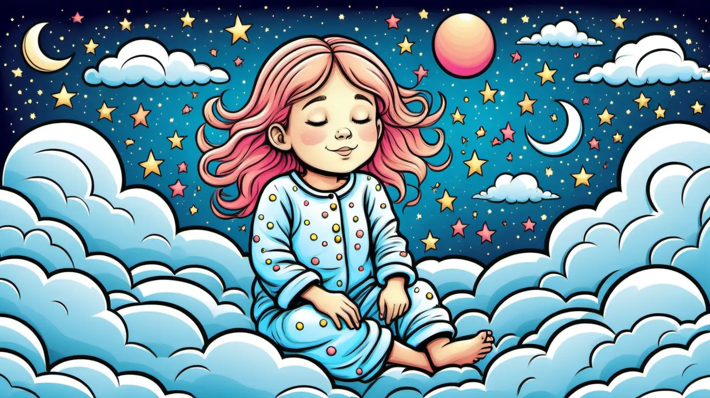 simple colorful line art of dreams for a kids coloring book. little girl in pyjamas dreaming on clouds. with color for bookcover.