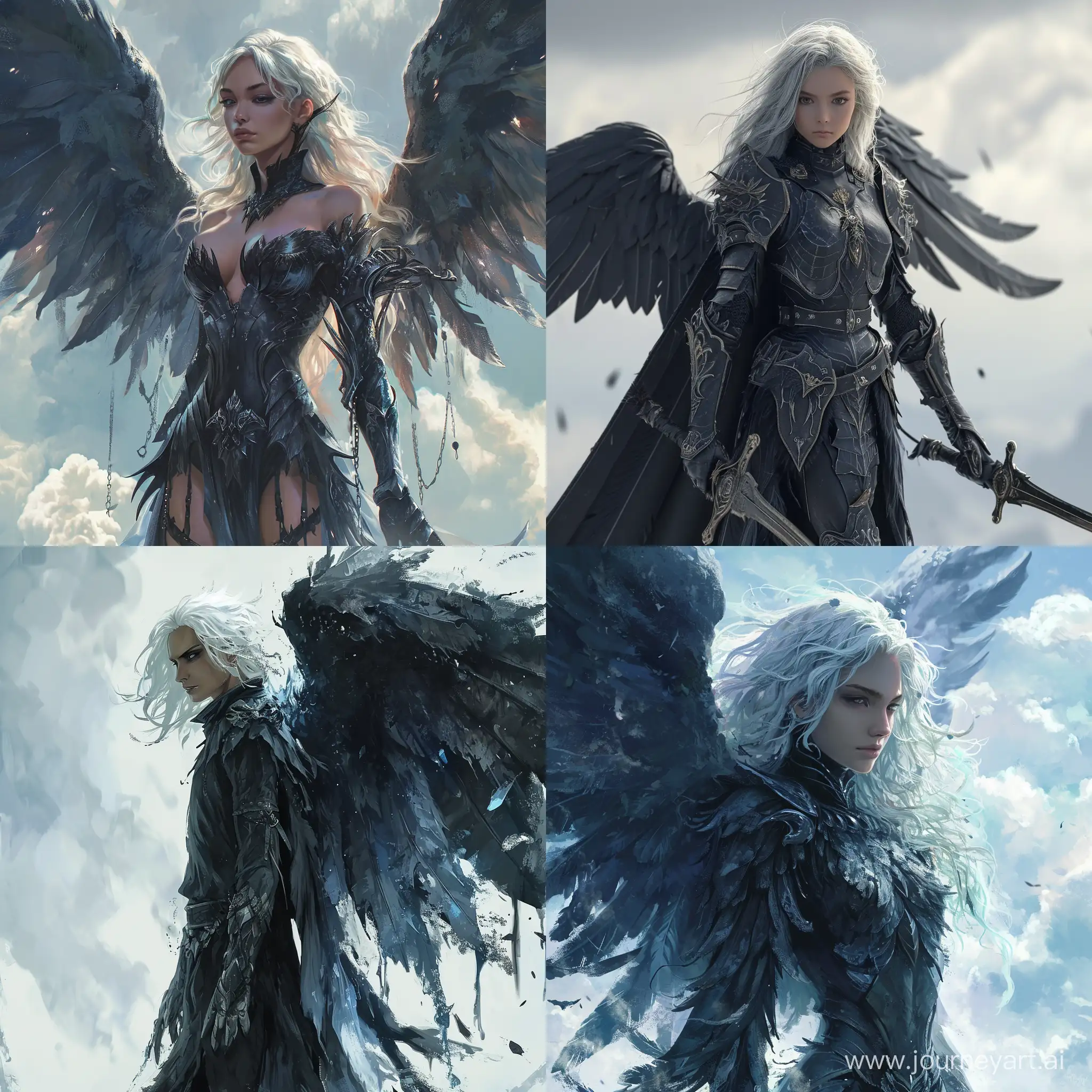 Isometric::2, dark angel with large black wings, standing in front of a sky background with white and blue hues, the angel has white hair and is wearing a armor-like outfit, the wings are spread out and there are black paint drips trailing from them, --s 250 --quality 2